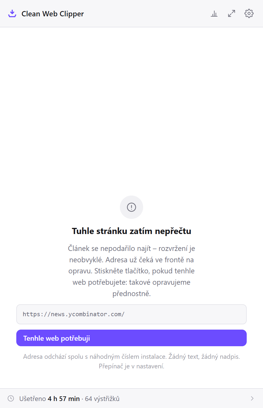 Clean Web Clipper odmítá stránku bez článku a nabízí poslat její adresu