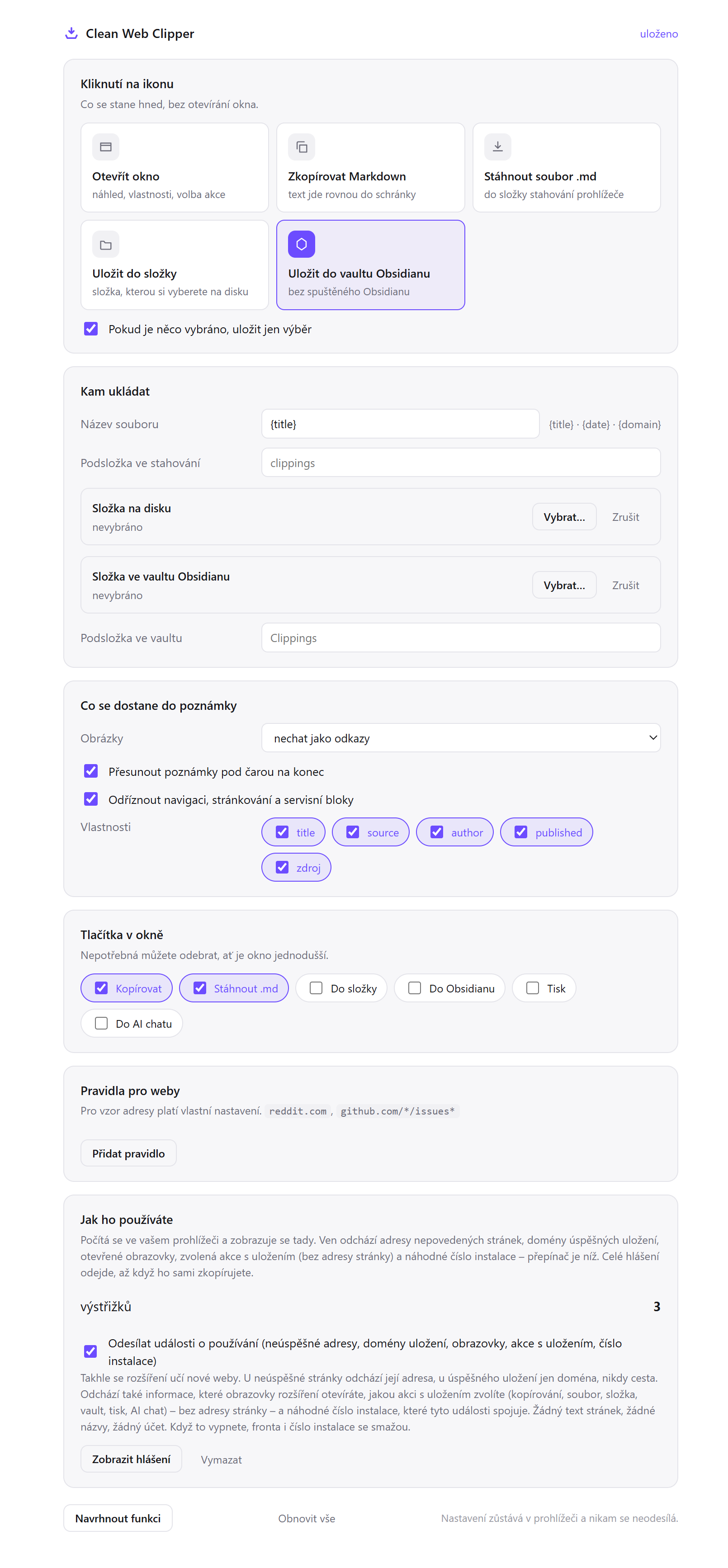 Nastavení Clean Web Clipperu: volba, co udělá kliknutí na ikonu