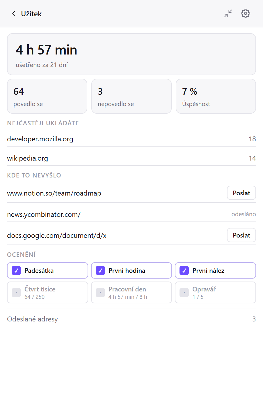 Obrazovka Užitek v Clean Web Clipperu: uložení, ušetřený čas, oblíbené weby a stránky, které selhaly