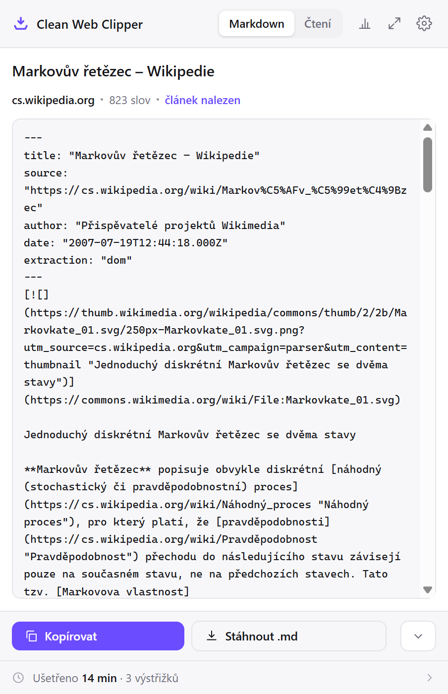 Okno Clean Web Clipperu s Markdownem uloženého hesla z Wikipedie