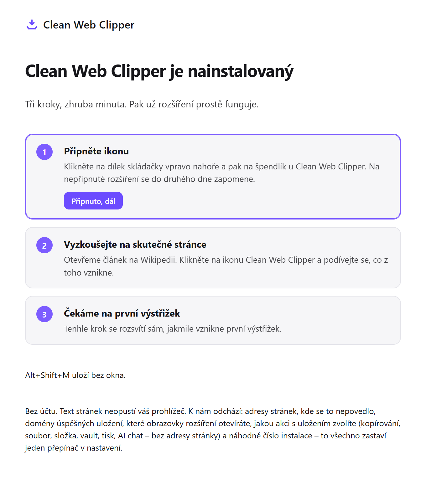 Stránka prvního spuštění Clean Web Clipperu se třemi kroky nastavení