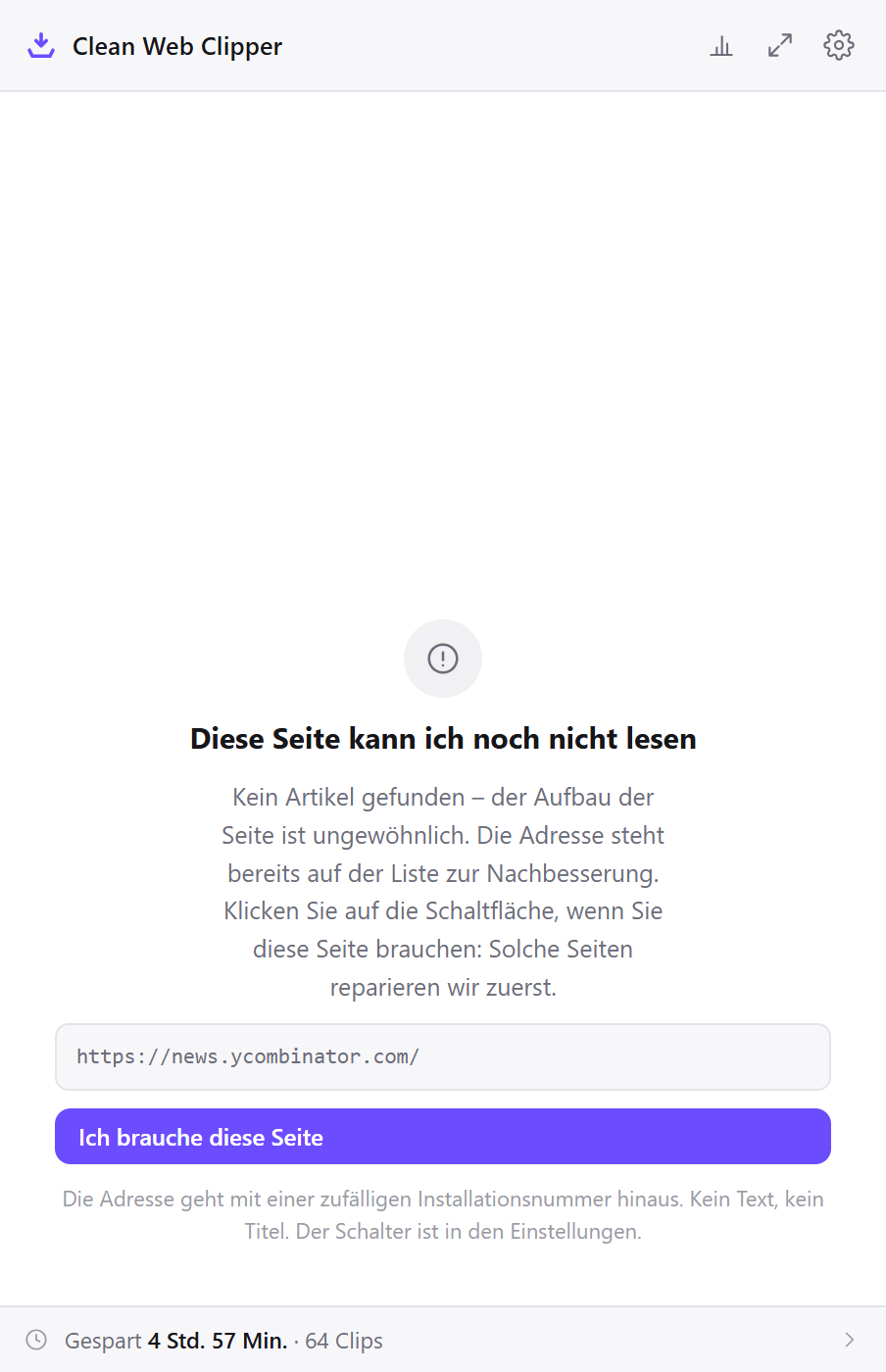 Clean Web Clipper lehnt eine Seite ohne Artikel ab und bietet an, ihre Adresse zu senden