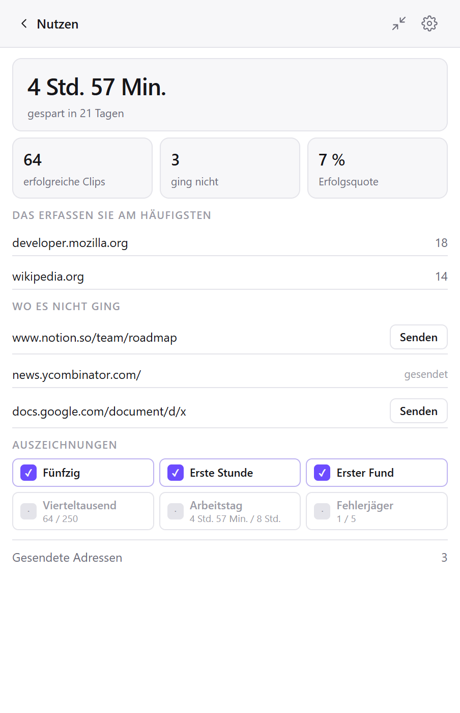 Der Bildschirm „Nutzen“ von Clean Web Clipper: Clips, gesparte Zeit, häufigste Websites und gescheiterte Seiten