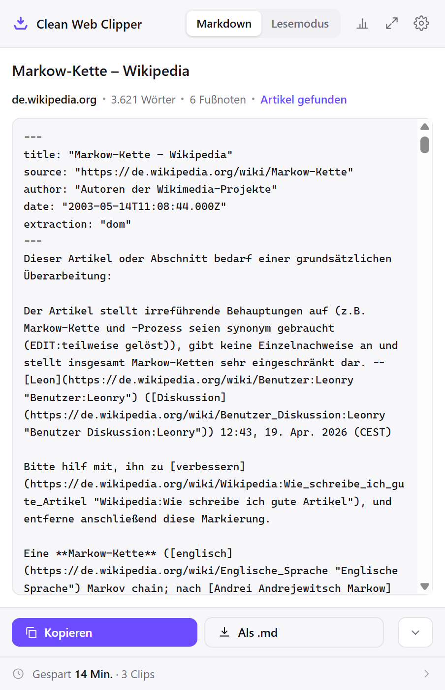 Das Clean-Web-Clipper-Fenster mit dem Markdown eines erfassten Wikipedia-Artikels