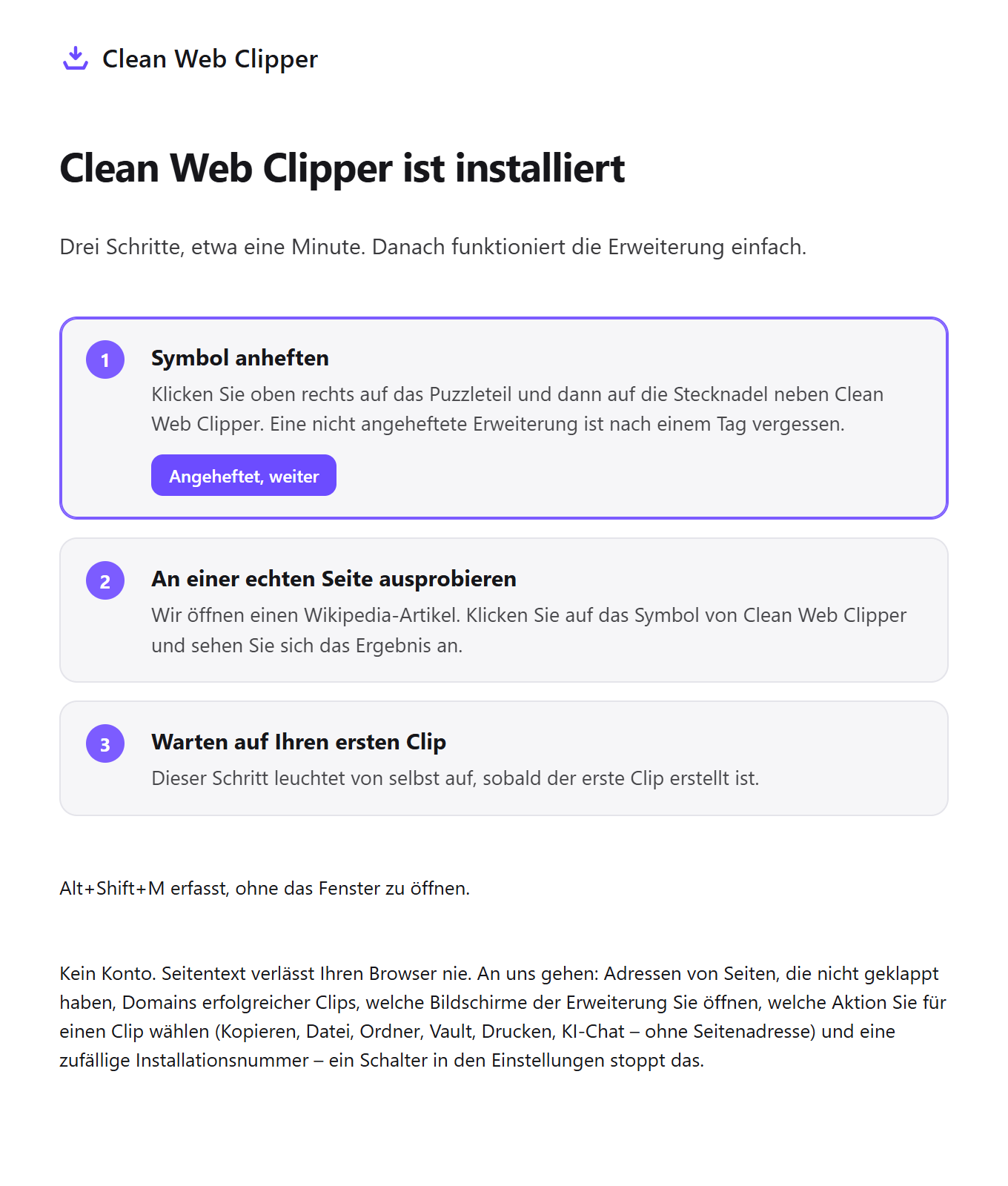 Die Startseite von Clean Web Clipper beim ersten Aufruf, mit drei Schritten zur Einrichtung