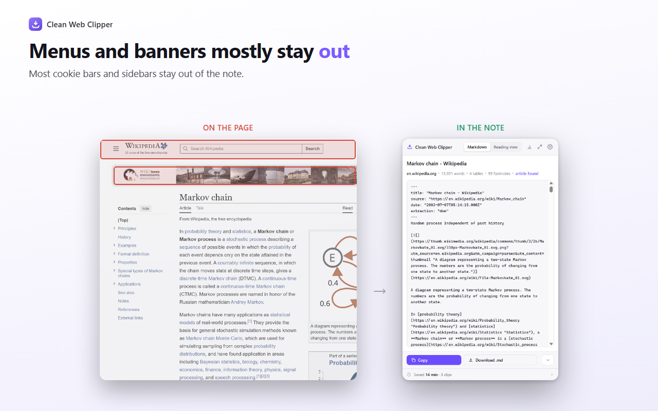 A Wikipedia page with its header and banner marked, next to the clip window showing only the article as Markdown
