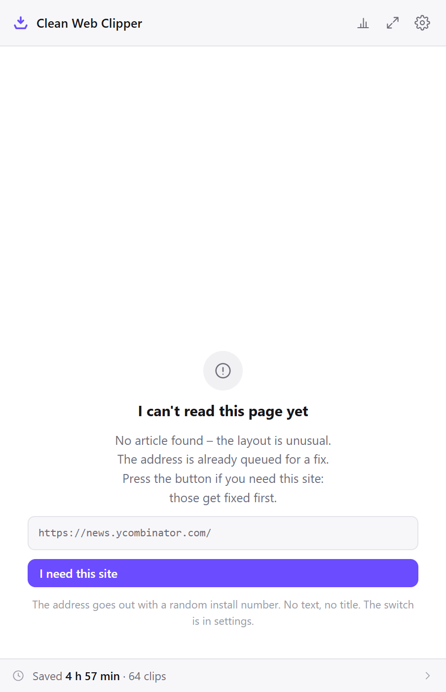 Clean Web Clipper refusing a page with no article and offering to send its address