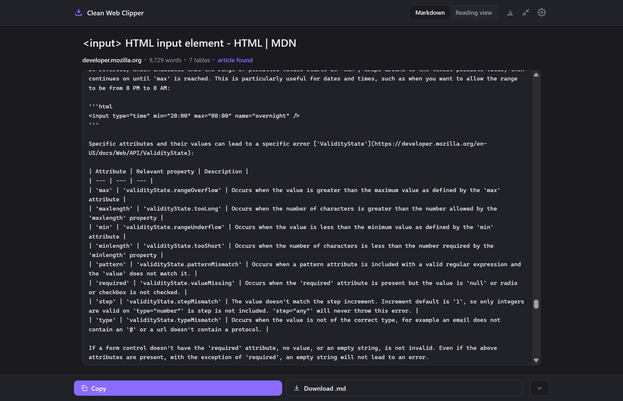 The same kind of page in the clip window, its reference table and code fence carried into Markdown, the sidebar gone