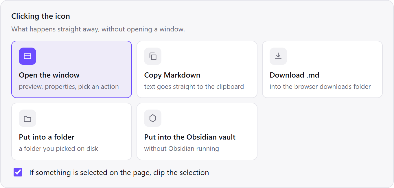 The icon-click settings, with “If something is selected on the page, clip the selection” switched on