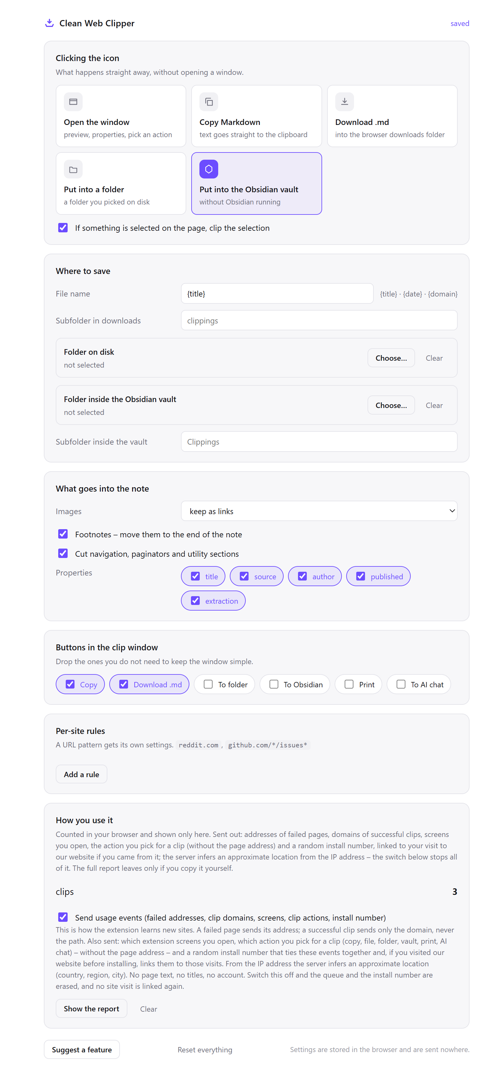 Clean Web Clipper settings: choosing what the icon click does