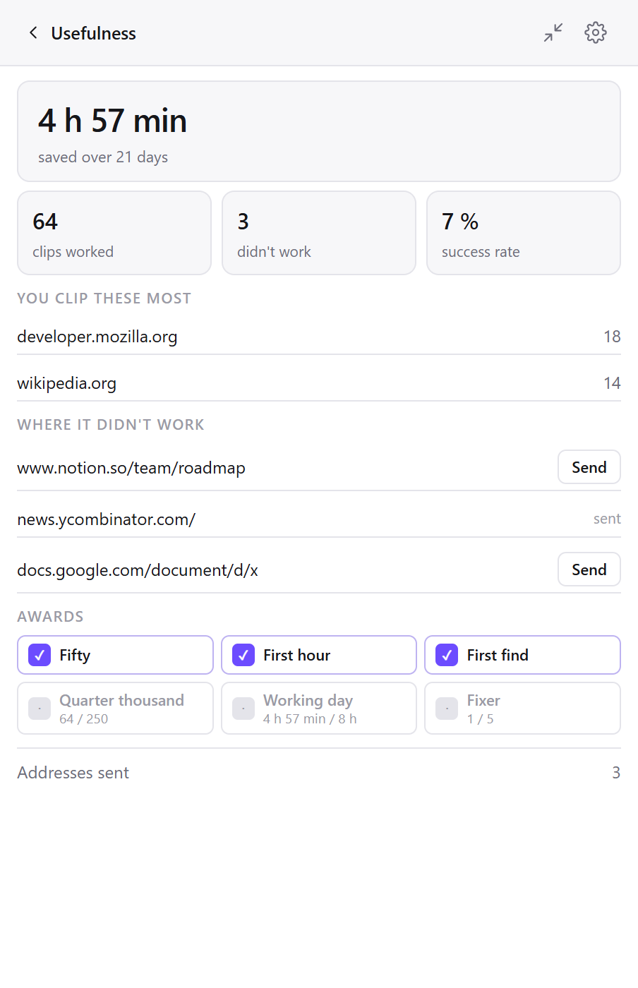 The Usefulness screen of Clean Web Clipper: clips, time saved, favourite sites and pages that failed