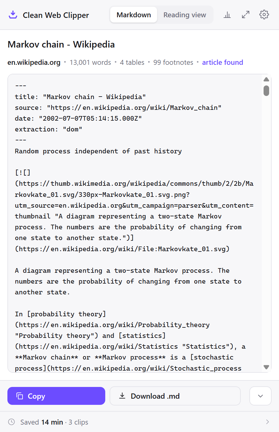 The Clean Web Clipper window showing the Markdown of a clipped Wikipedia article