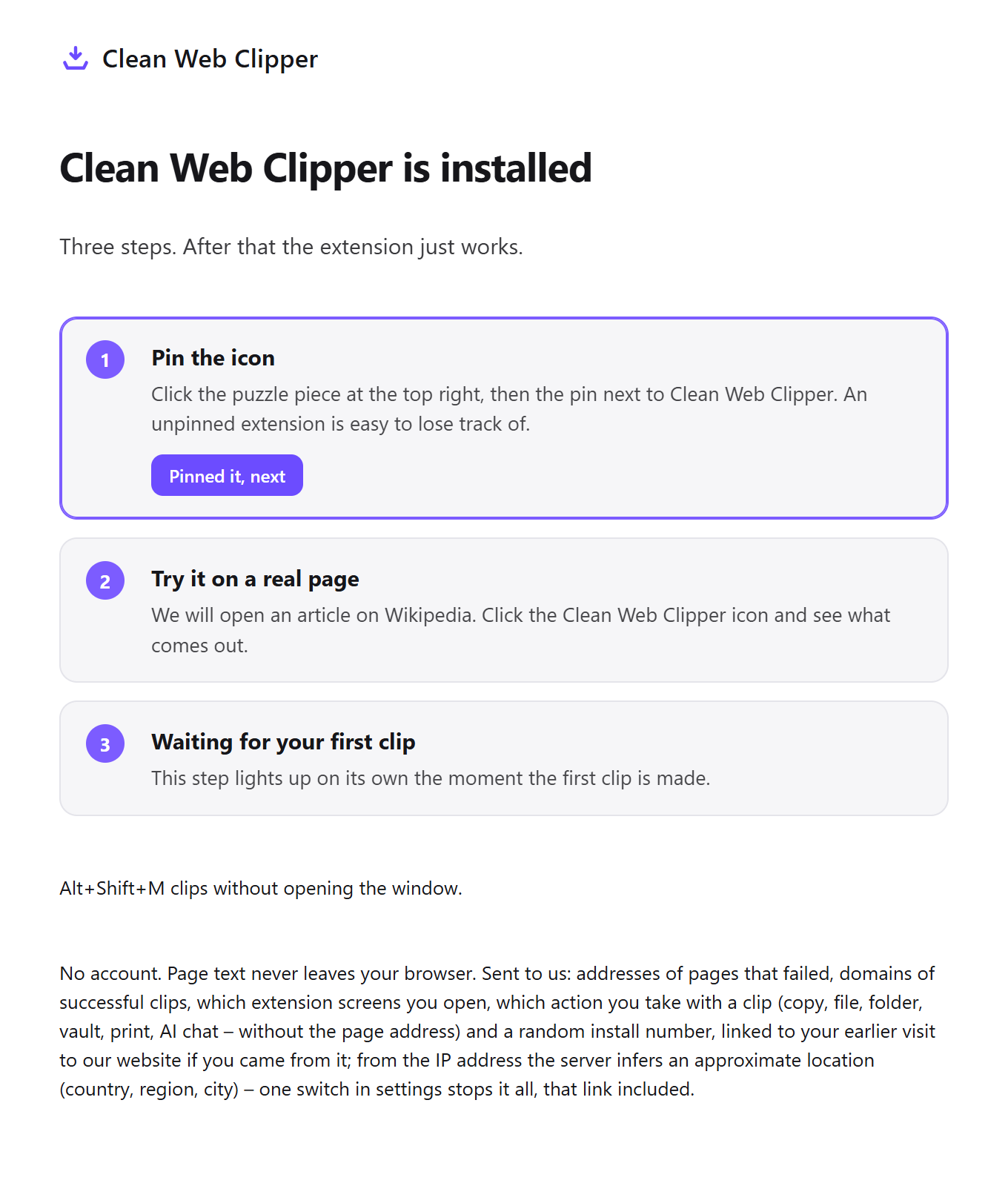 The first-run page of Clean Web Clipper with three setup steps