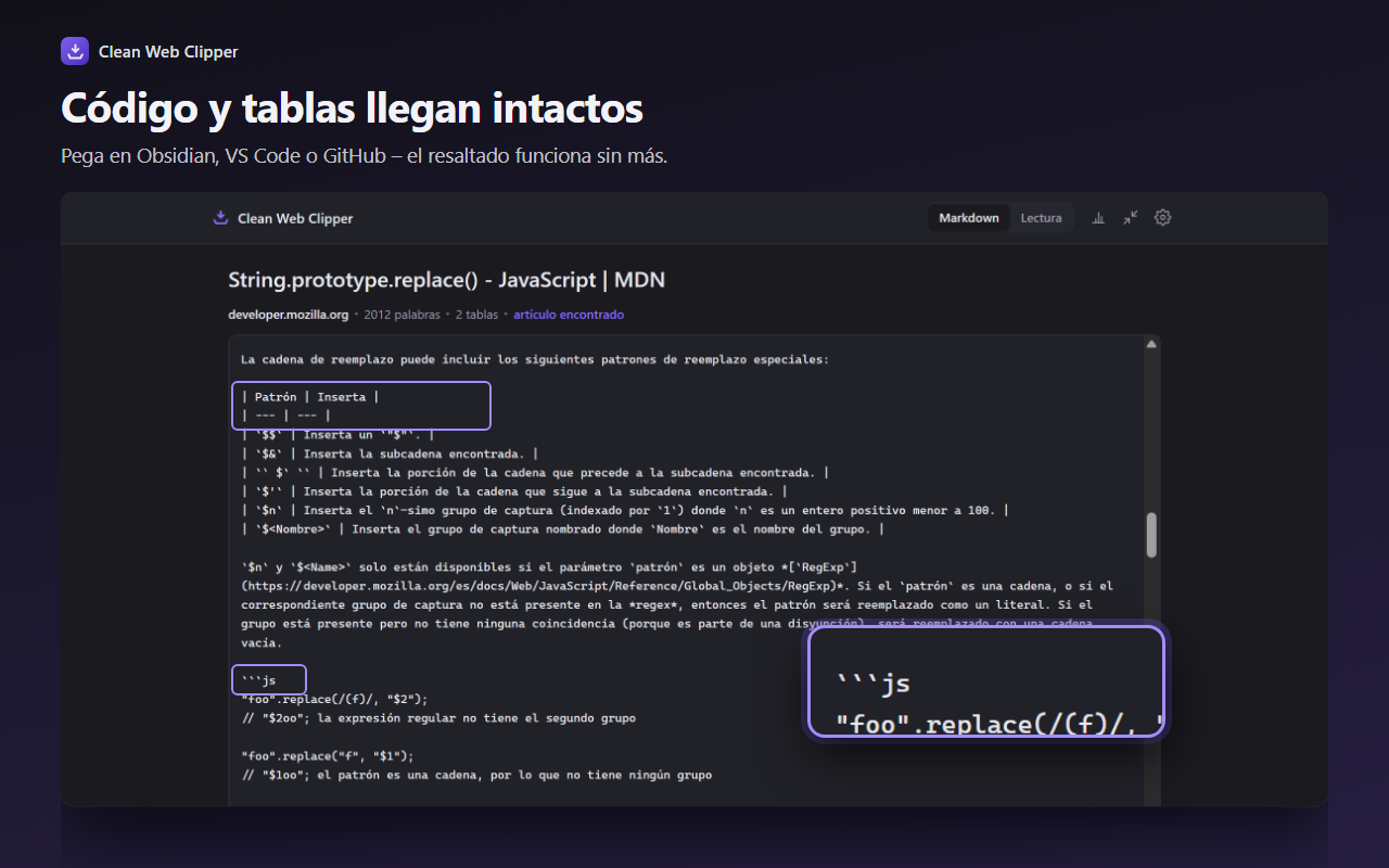 Una página de MDN capturada en Markdown: un bloque de código etiquetado como html y una tabla conservada como filas de Markdown