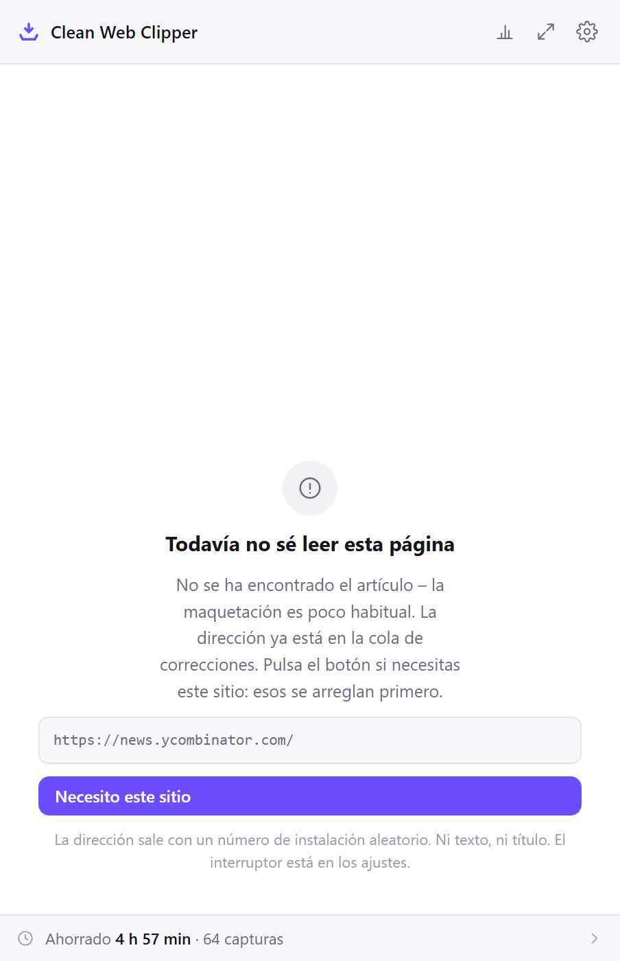 Clean Web Clipper rechaza una página sin artículo y ofrece enviar su dirección