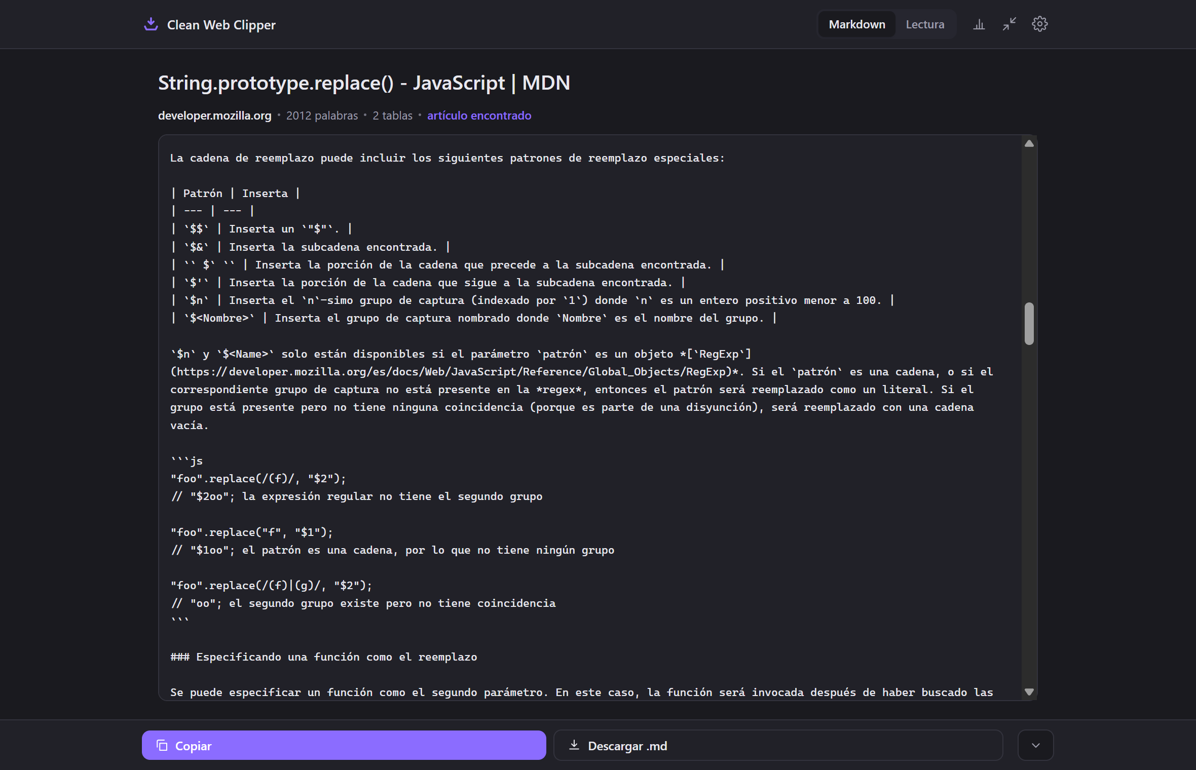 La ventana de captura en modo oscuro con una página de referencia de MDN en Markdown, con su tabla de datos y un bloque de código intactos