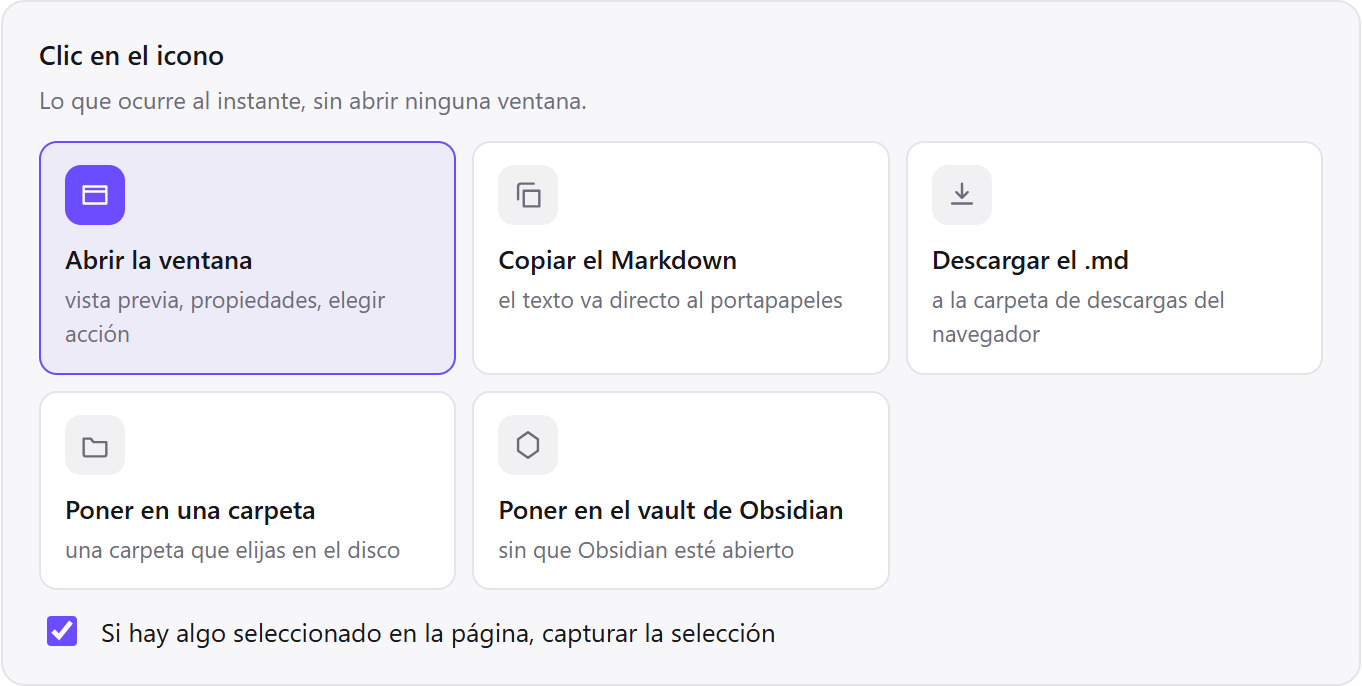 Los ajustes del clic en el icono: cinco acciones a elegir, entre ellas «Poner en una carpeta», para capturar sin abrir ninguna ventana