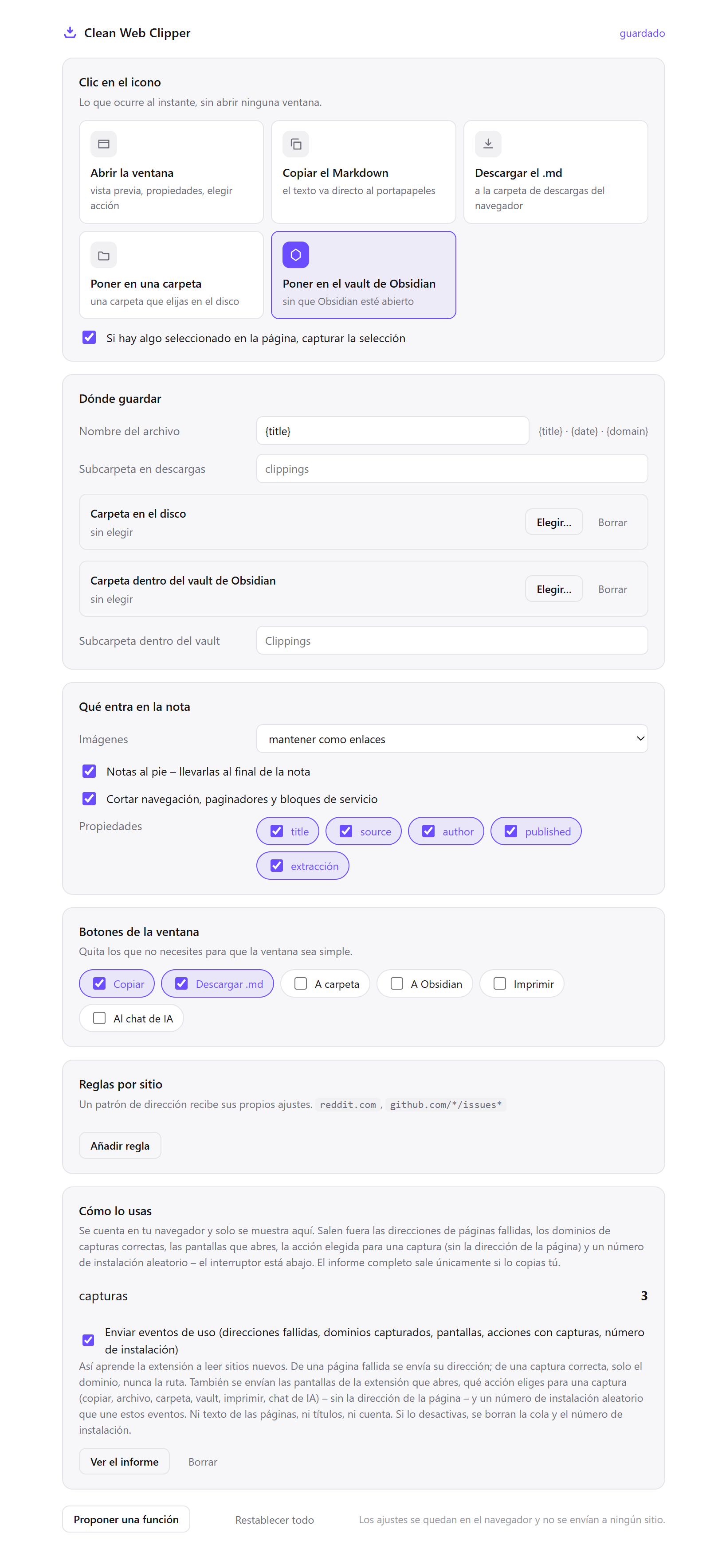Ajustes de Clean Web Clipper: qué hace el clic en el icono