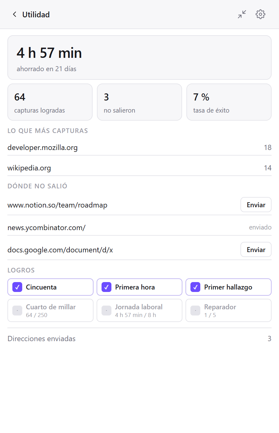 La pantalla Utilidad de Clean Web Clipper: capturas, tiempo ahorrado, sitios favoritos y páginas que fallaron