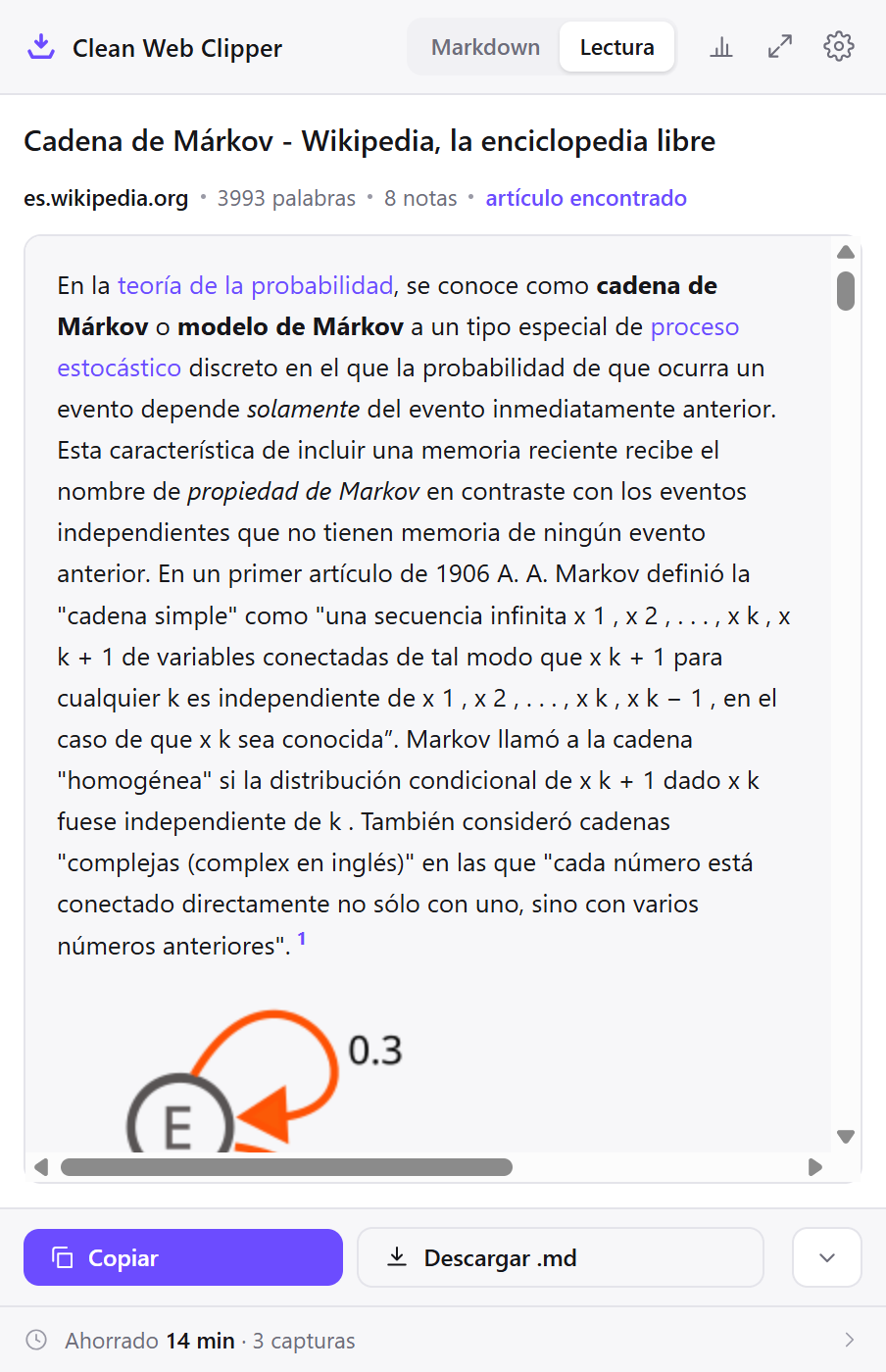 La vista de lectura: la misma captura como texto normal, con su diagrama y su pie, antes de guardarla