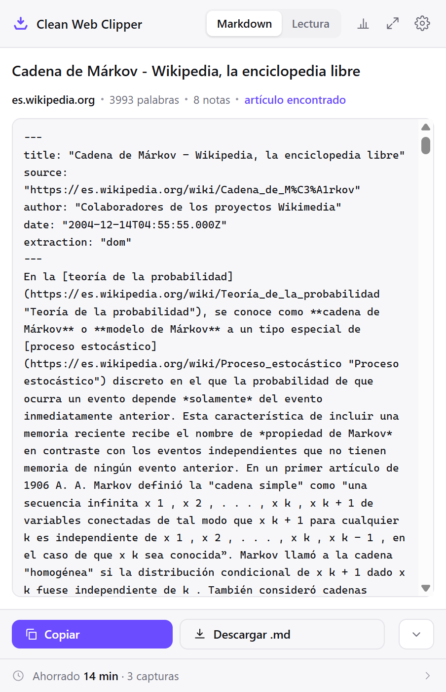 La ventana de Clean Web Clipper con el Markdown de un artículo de Wikipedia capturado