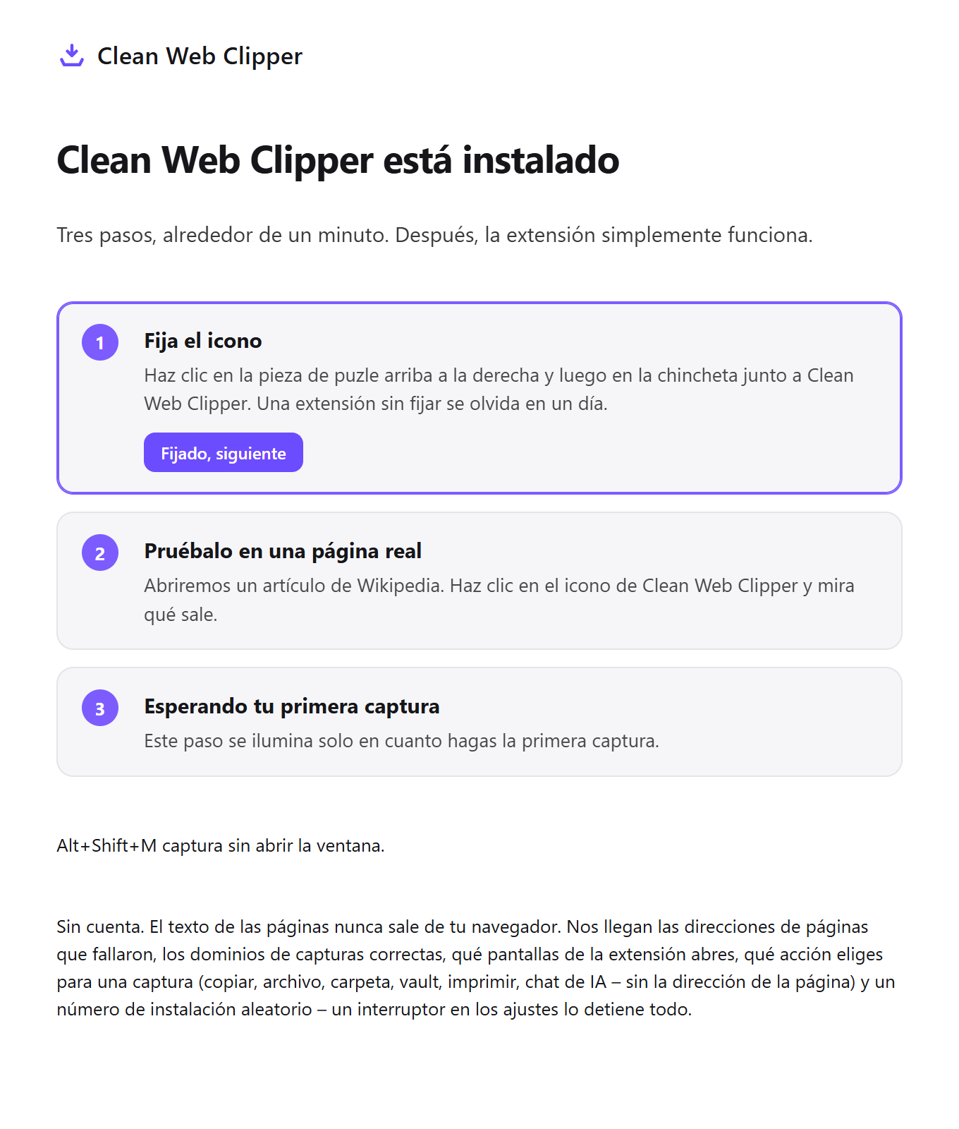 La página de primer inicio de Clean Web Clipper con tres pasos de configuración