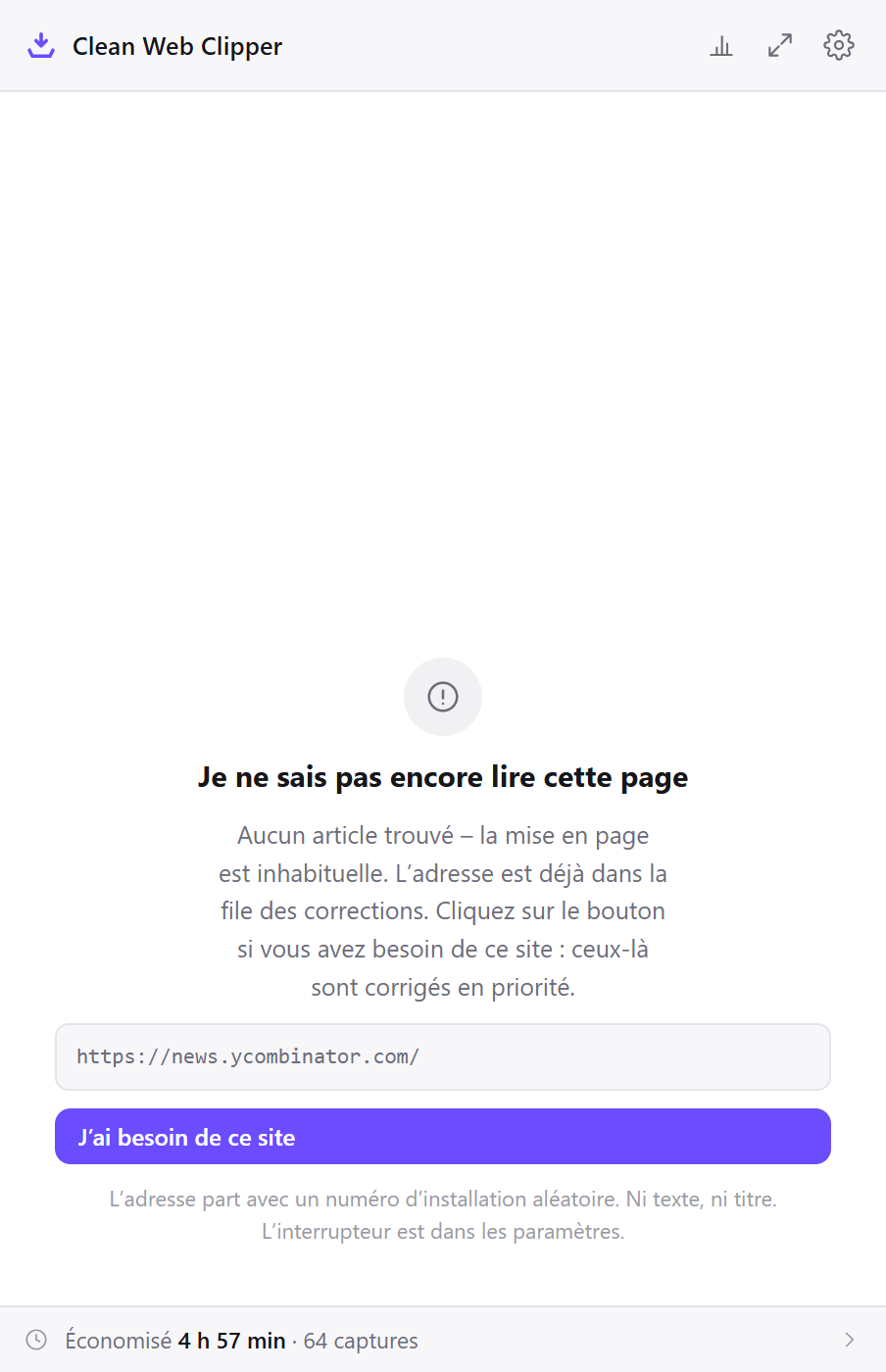 Clean Web Clipper refuse une page sans article et propose d’en envoyer l’adresse