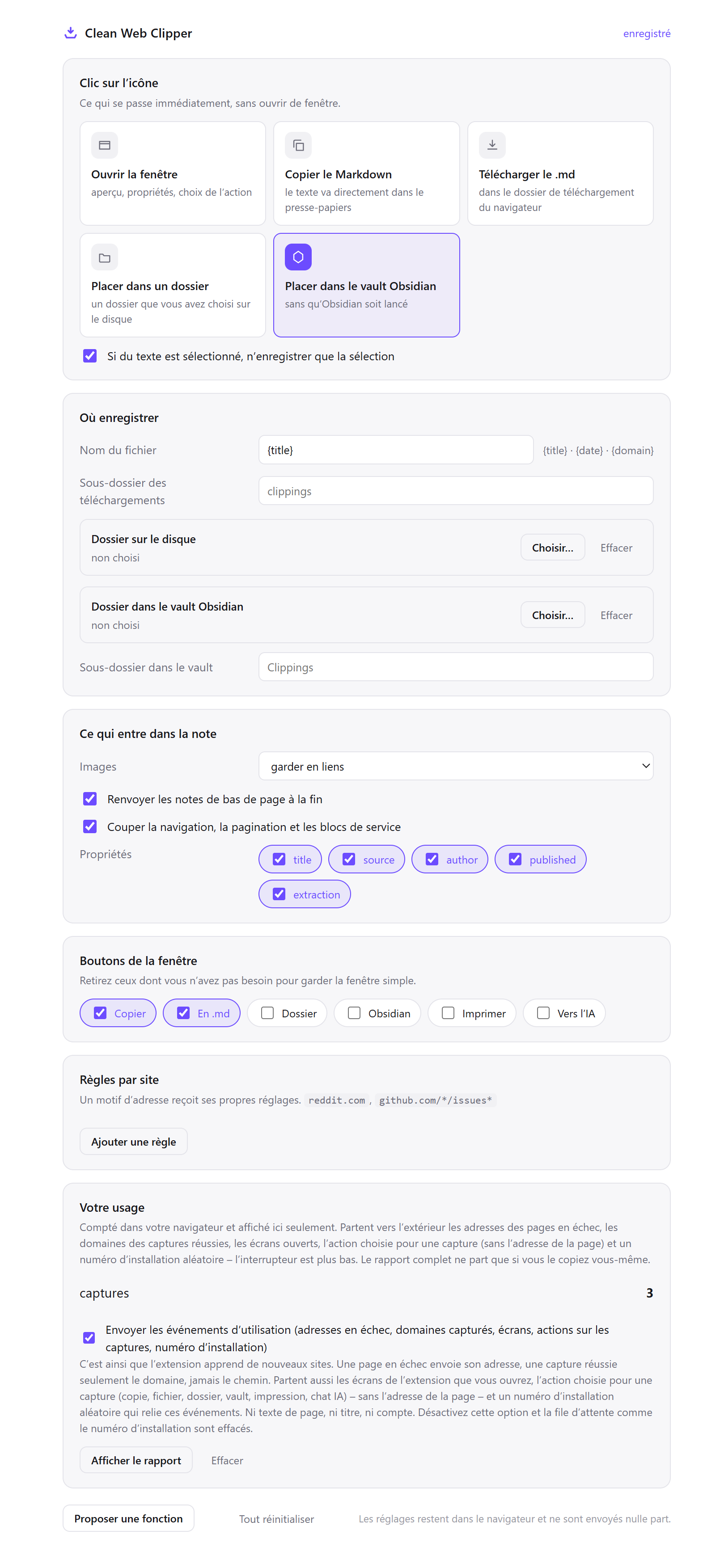 Paramètres de Clean Web Clipper : choisir ce que fait le clic sur l’icône