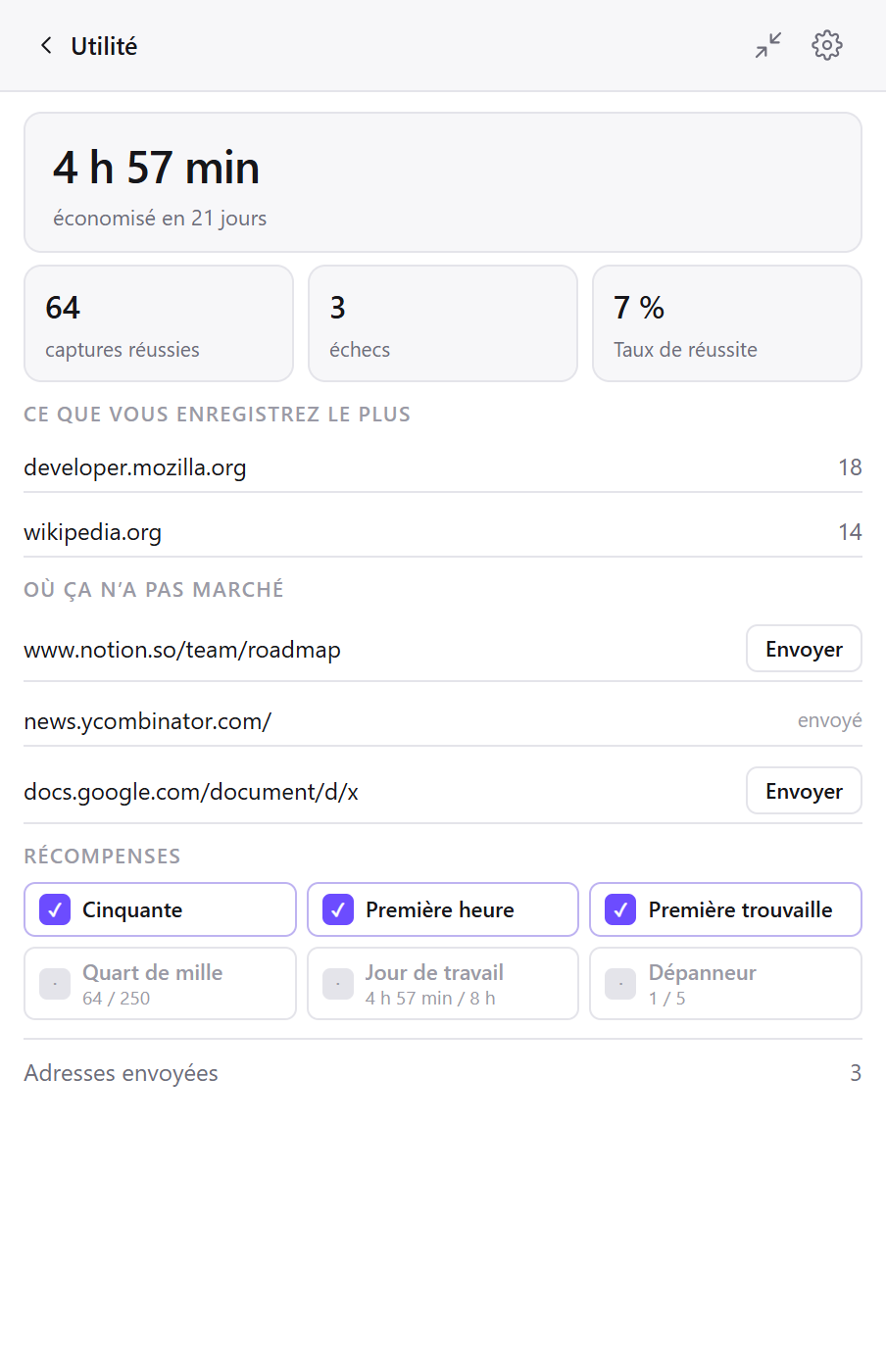 L’écran Utilité de Clean Web Clipper – captures, temps gagné, sites favoris et pages en échec
