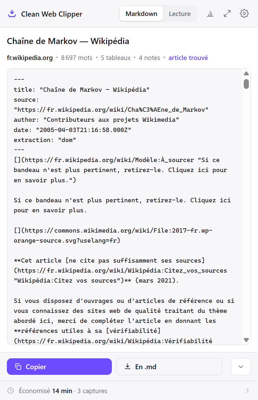 La fenêtre de Clean Web Clipper affichant le Markdown d’un article de Wikipédia capturé