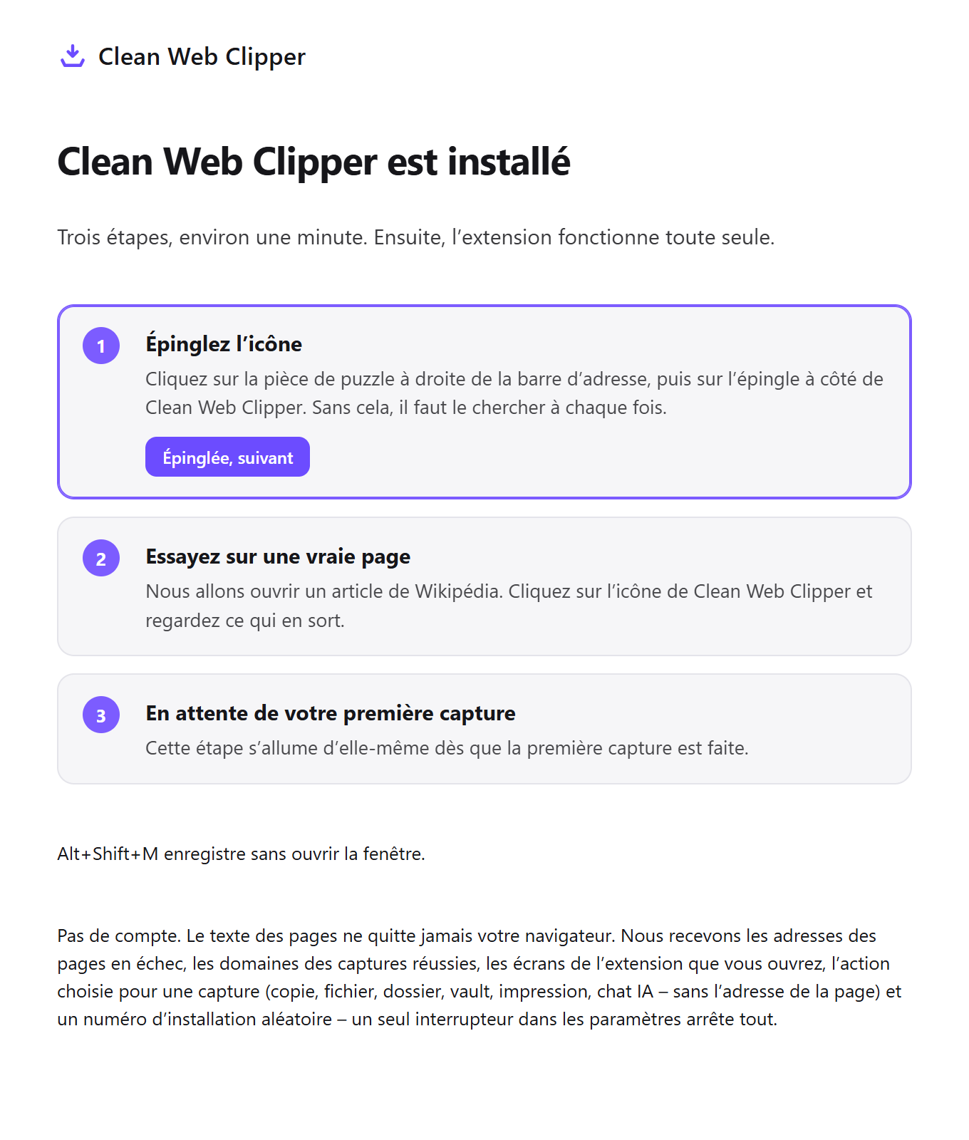 La page de premier lancement de Clean Web Clipper avec trois étapes de réglage