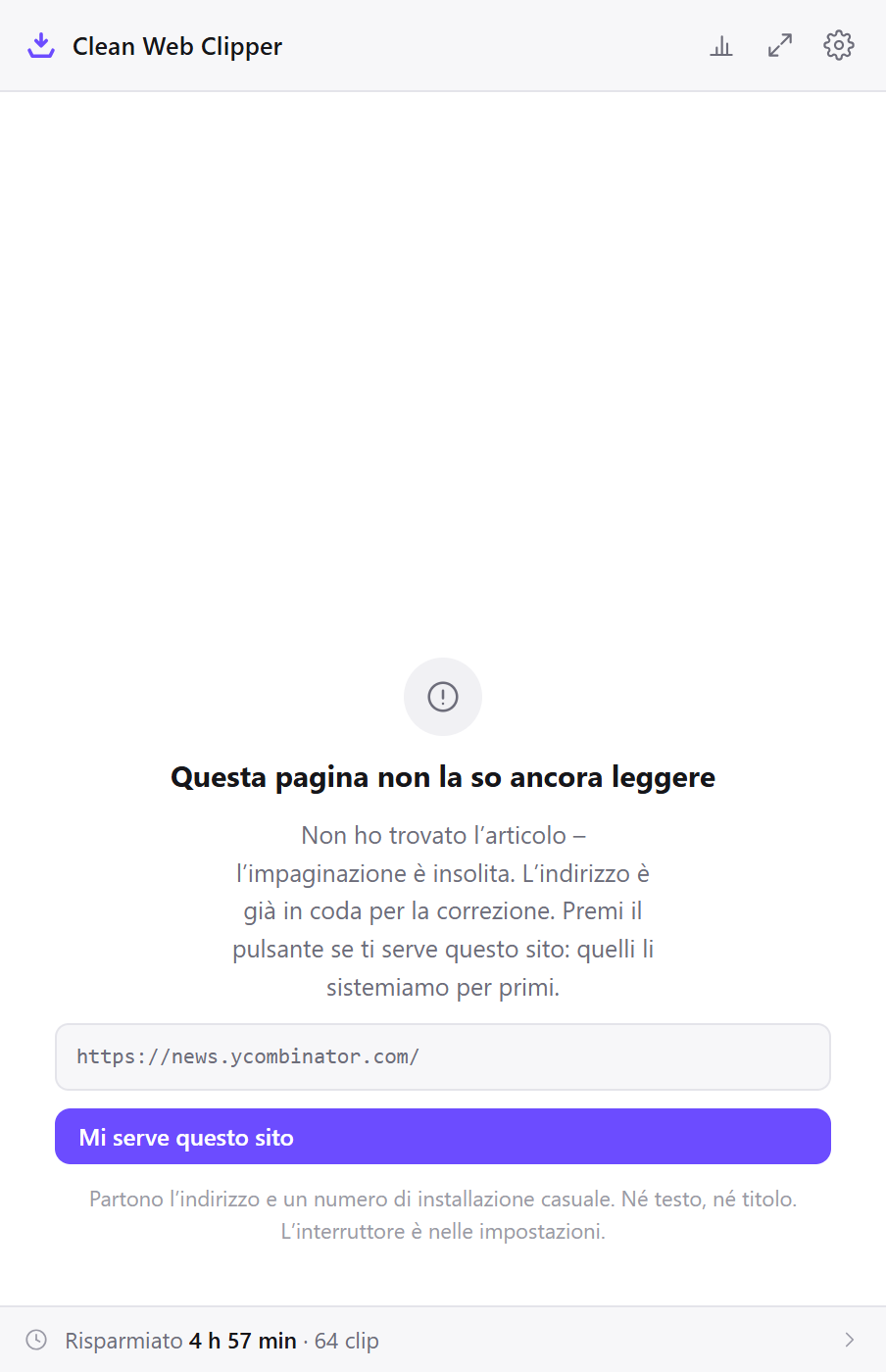 Clean Web Clipper che rifiuta una pagina senza articolo e propone di inviarne l’indirizzo