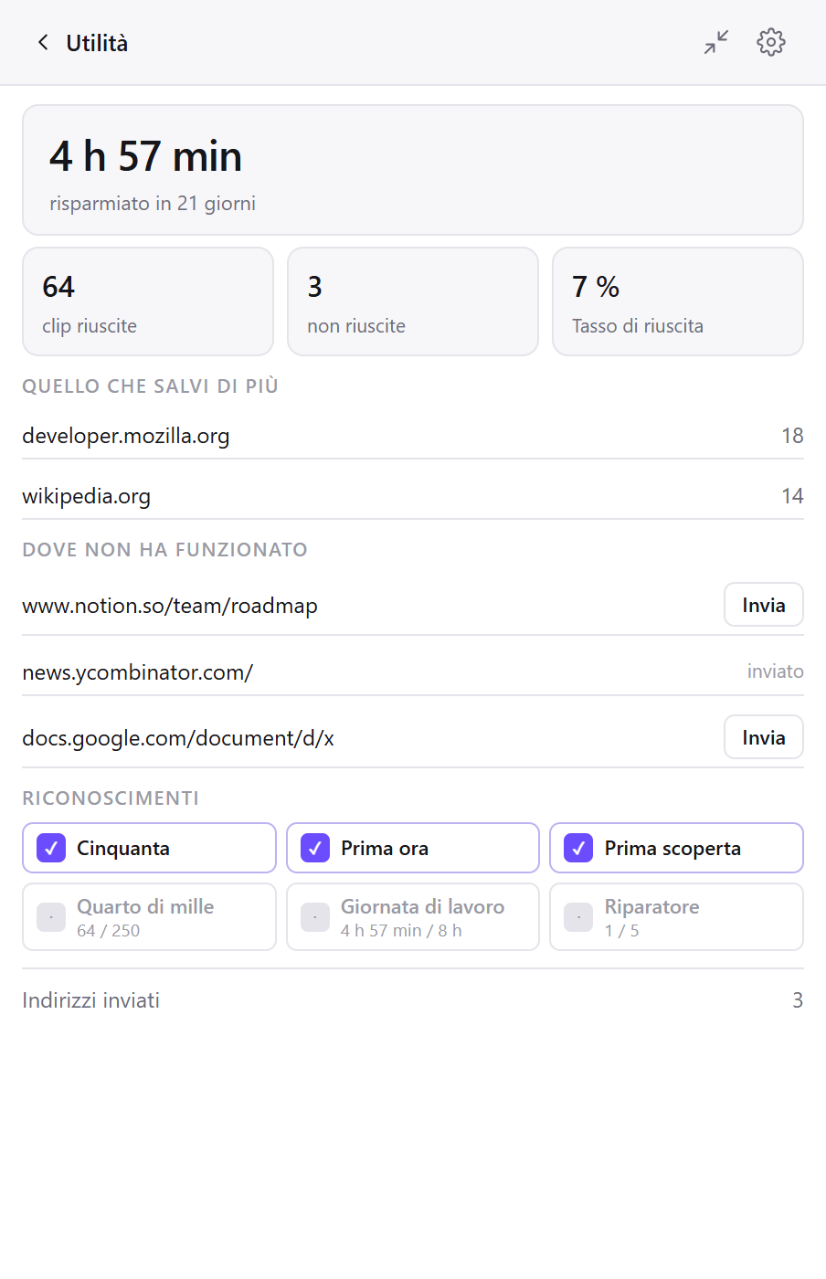 La schermata Utilità di Clean Web Clipper: salvataggi, tempo risparmiato, siti preferiti e pagine non riuscite