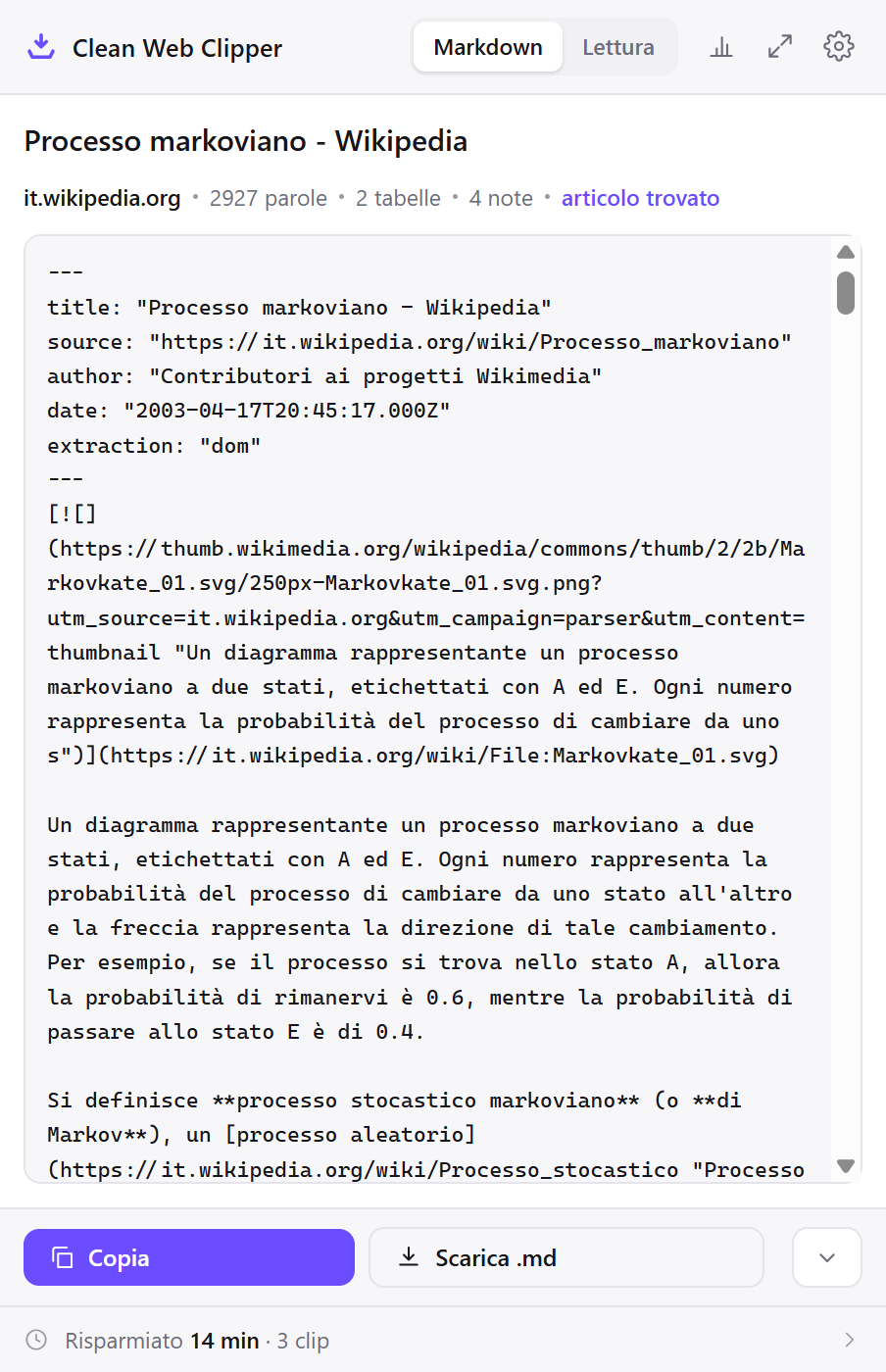 La finestra di Clean Web Clipper con il Markdown di una voce di Wikipedia appena salvata