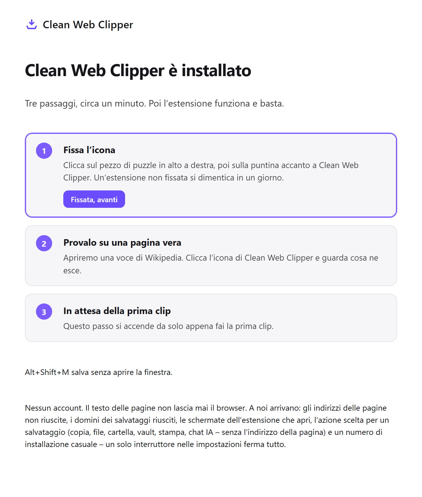 La pagina del primo avvio di Clean Web Clipper con tre passi di configurazione