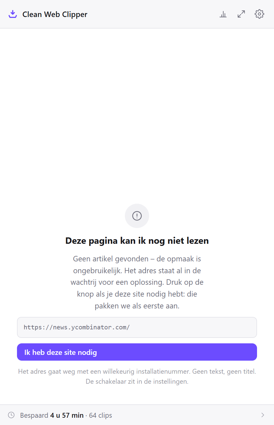 Clean Web Clipper weigert een pagina zonder artikel en biedt aan het adres te versturen