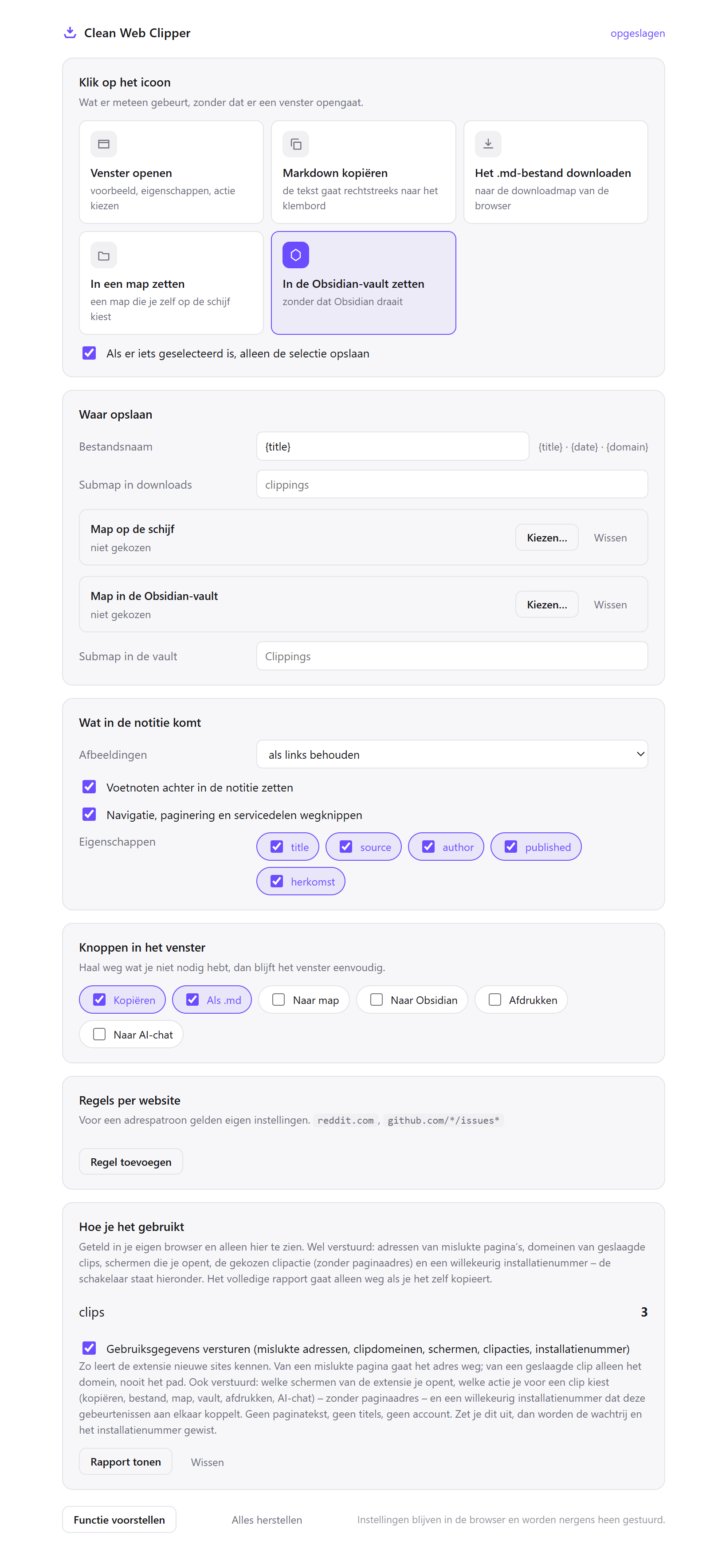 Instellingen van Clean Web Clipper: kiezen wat de klik op het icoon doet