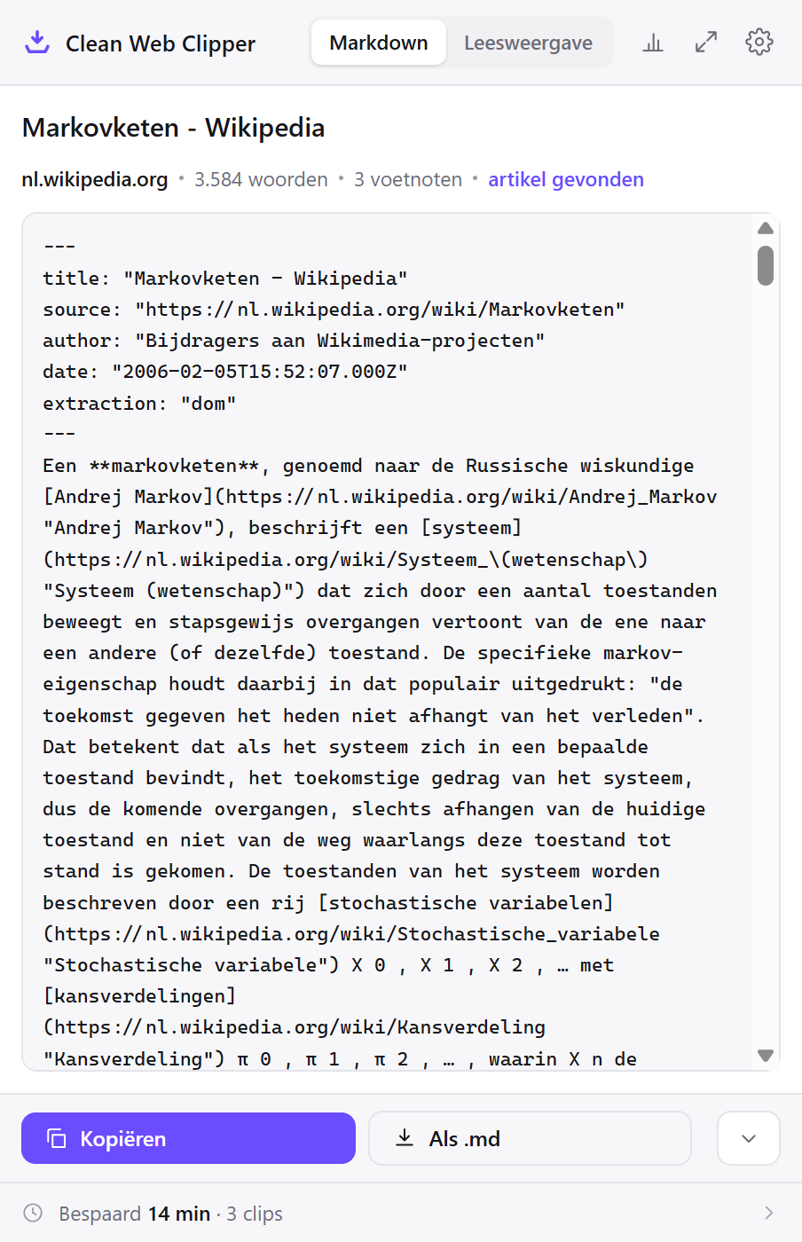 Het venster van Clean Web Clipper met de Markdown van een opgehaald Wikipedia-artikel