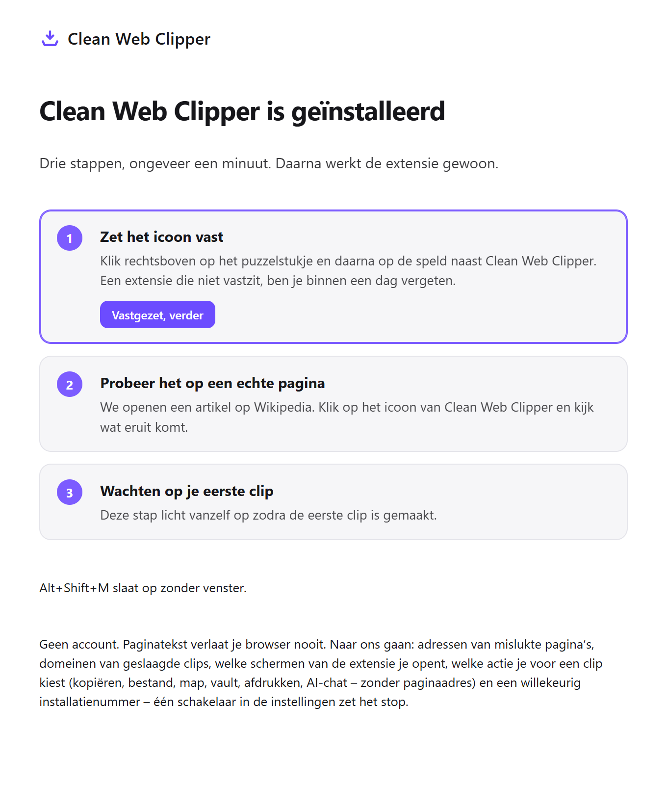 De welkomstpagina van Clean Web Clipper met drie stappen om te beginnen
