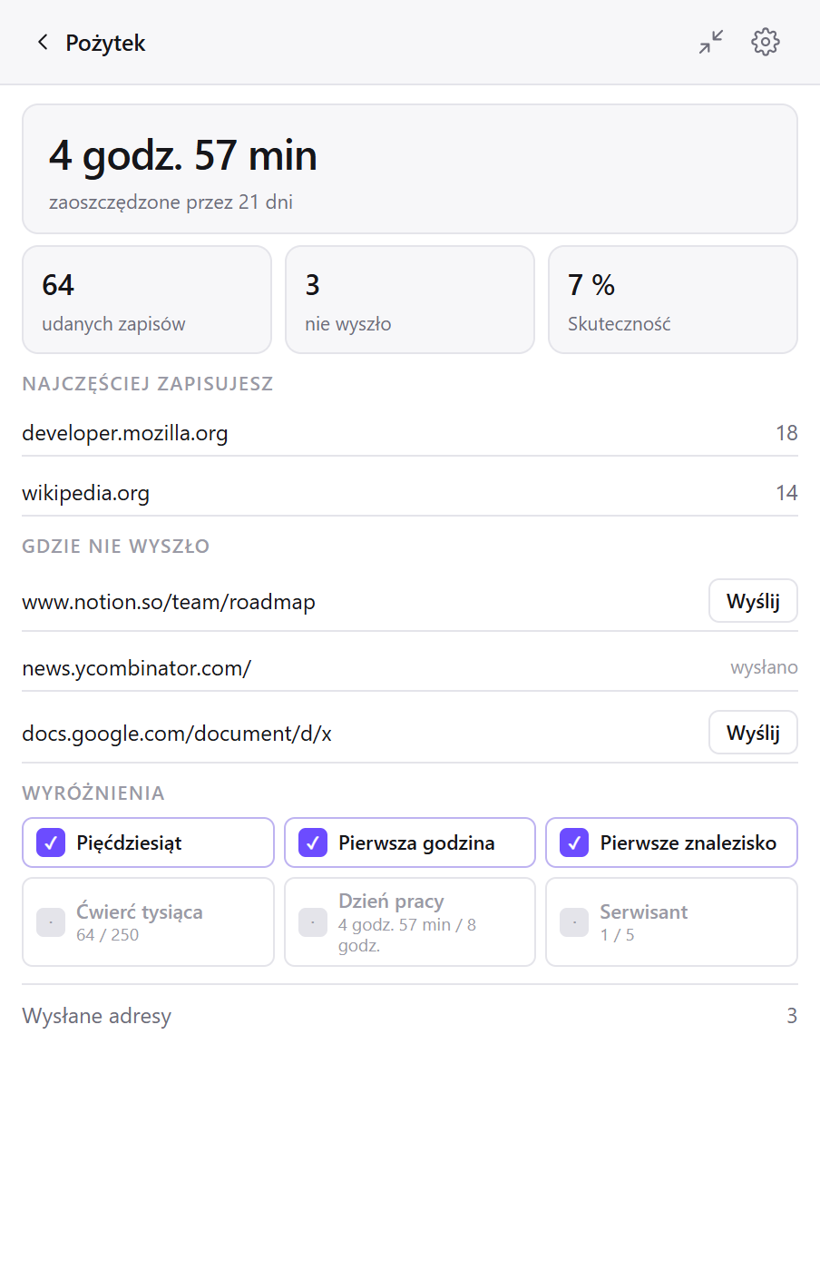Ekran „Pożytek” w Clean Web Clipperze: klipy, zaoszczędzony czas, ulubione witryny i strony, na których się nie udało