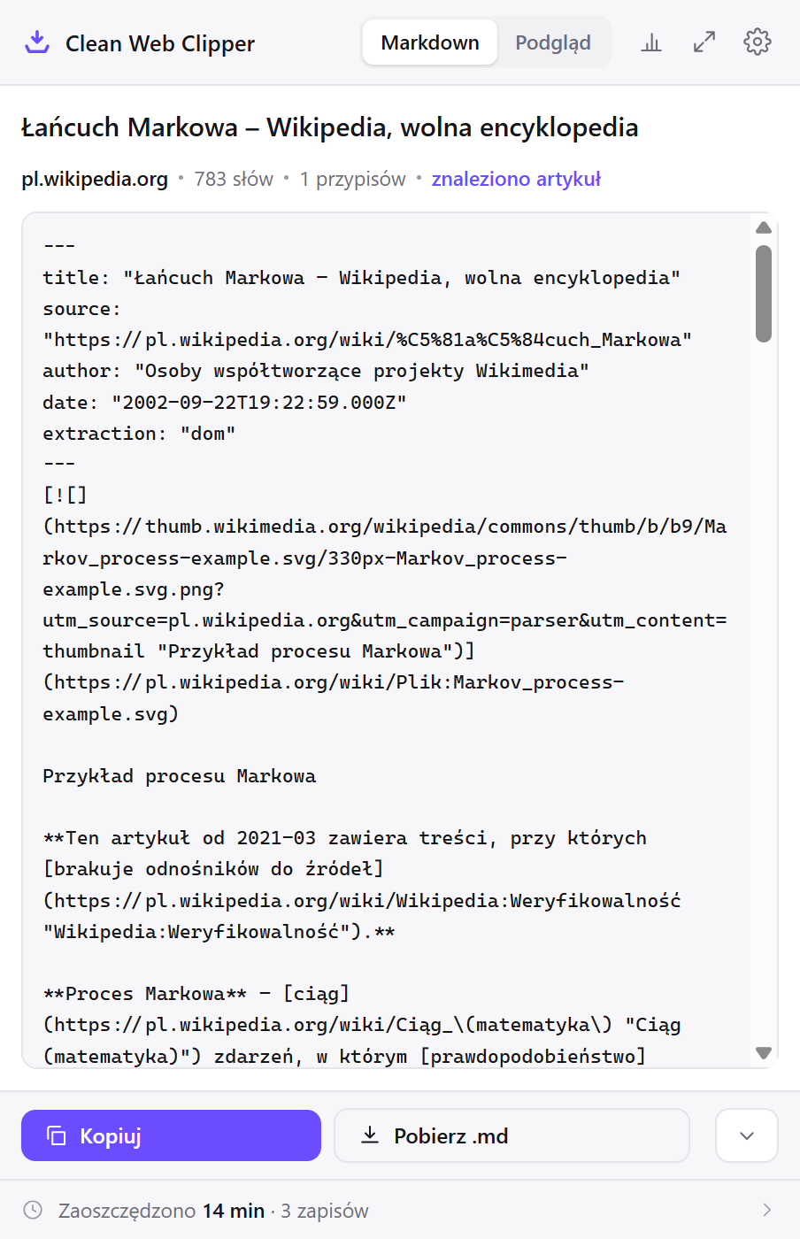 Okno Clean Web Clippera z Markdownem zapisanego artykułu z Wikipedii
