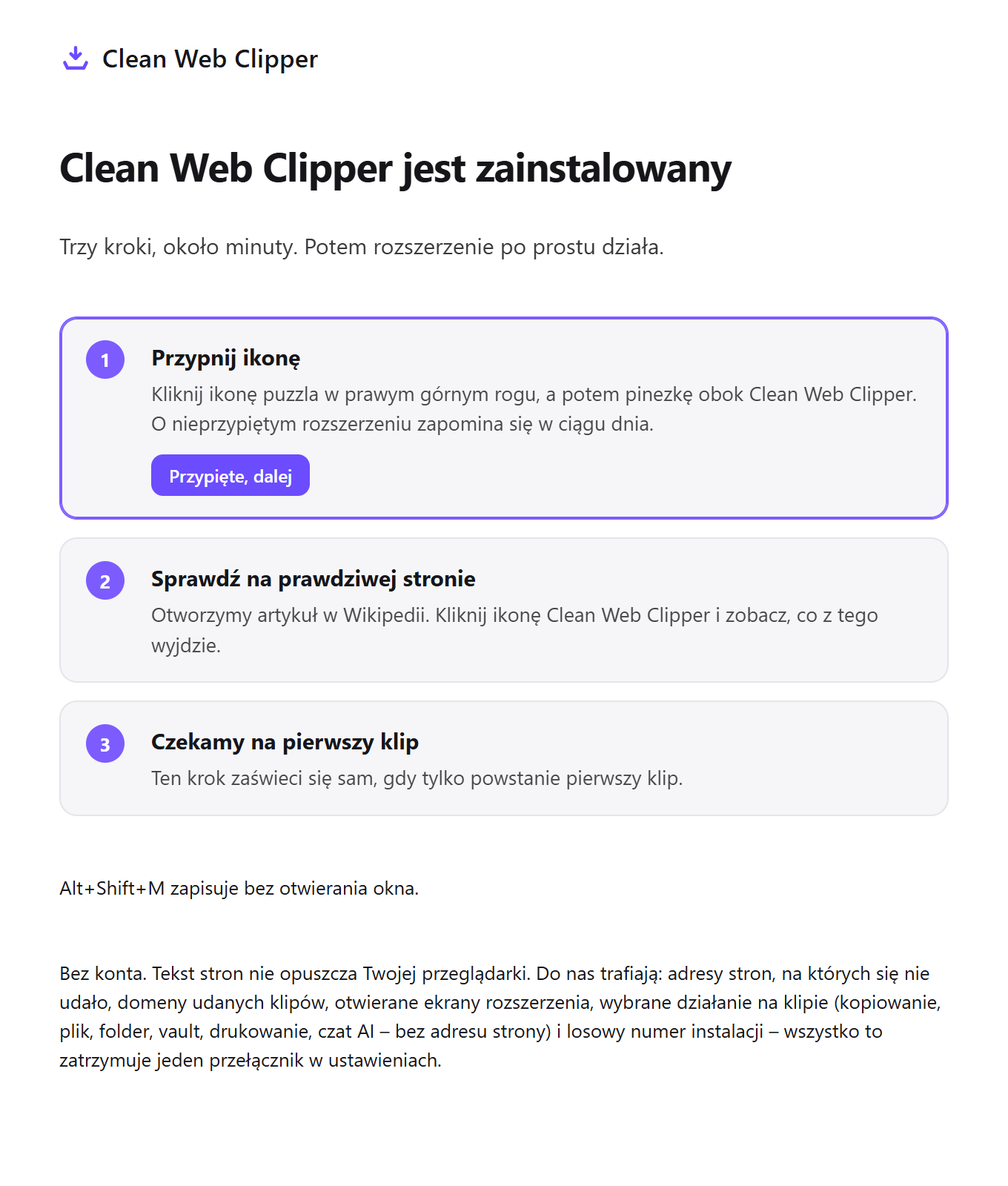 Strona pierwszego uruchomienia Clean Web Clippera z trzema krokami konfiguracji