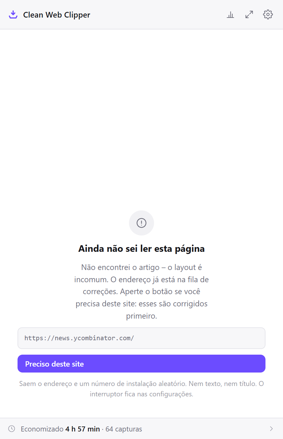 O Clean Web Clipper recusando uma página sem artigo e oferecendo enviar o endereço dela