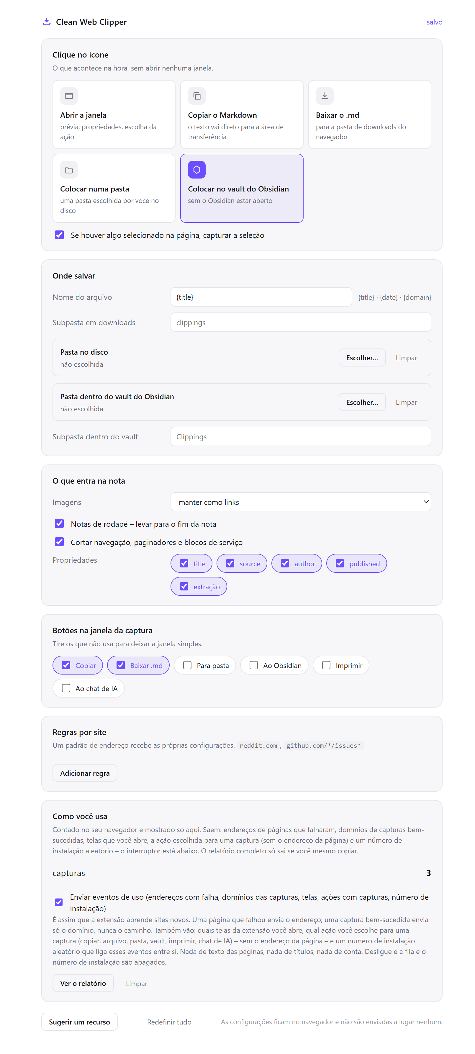 Configurações do Clean Web Clipper: escolhendo o que o clique no ícone faz