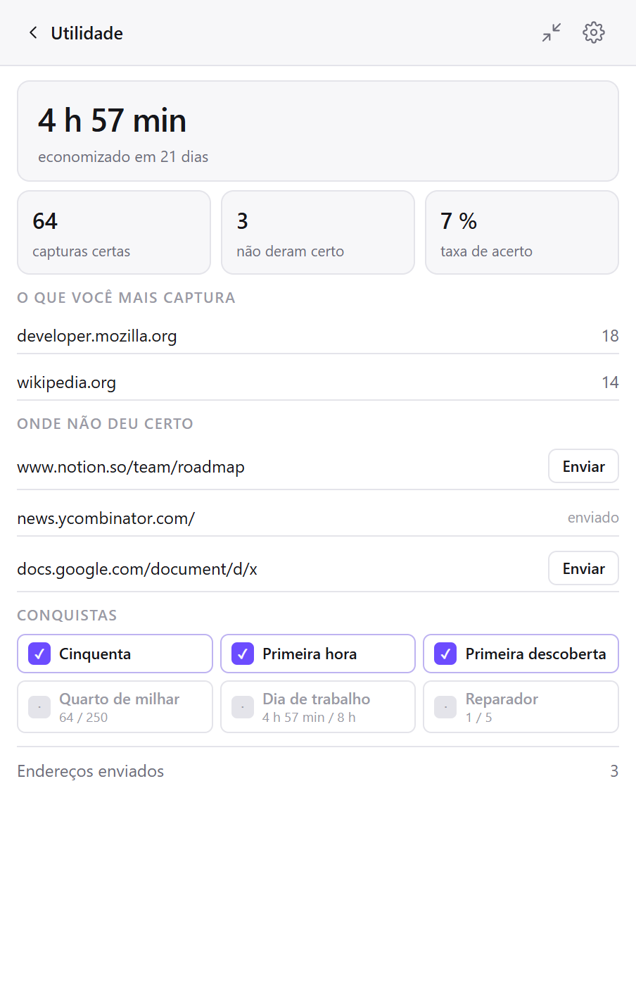 A tela de Utilidade do Clean Web Clipper: capturas, tempo economizado, sites preferidos e páginas que falharam