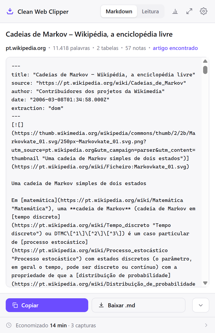A janela do Clean Web Clipper mostrando o Markdown de um artigo da Wikipédia capturado