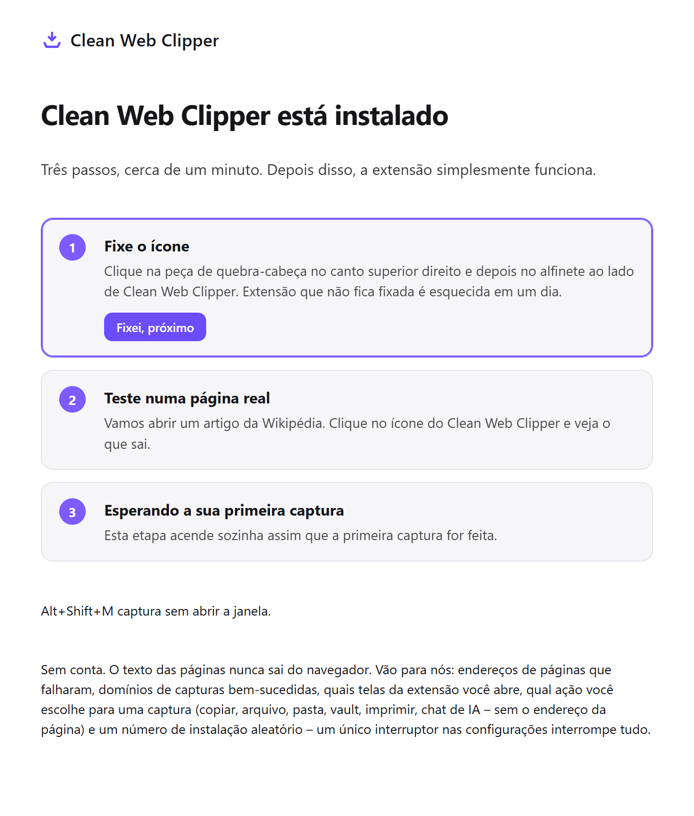 A página de primeira execução do Clean Web Clipper, com três passos de configuração