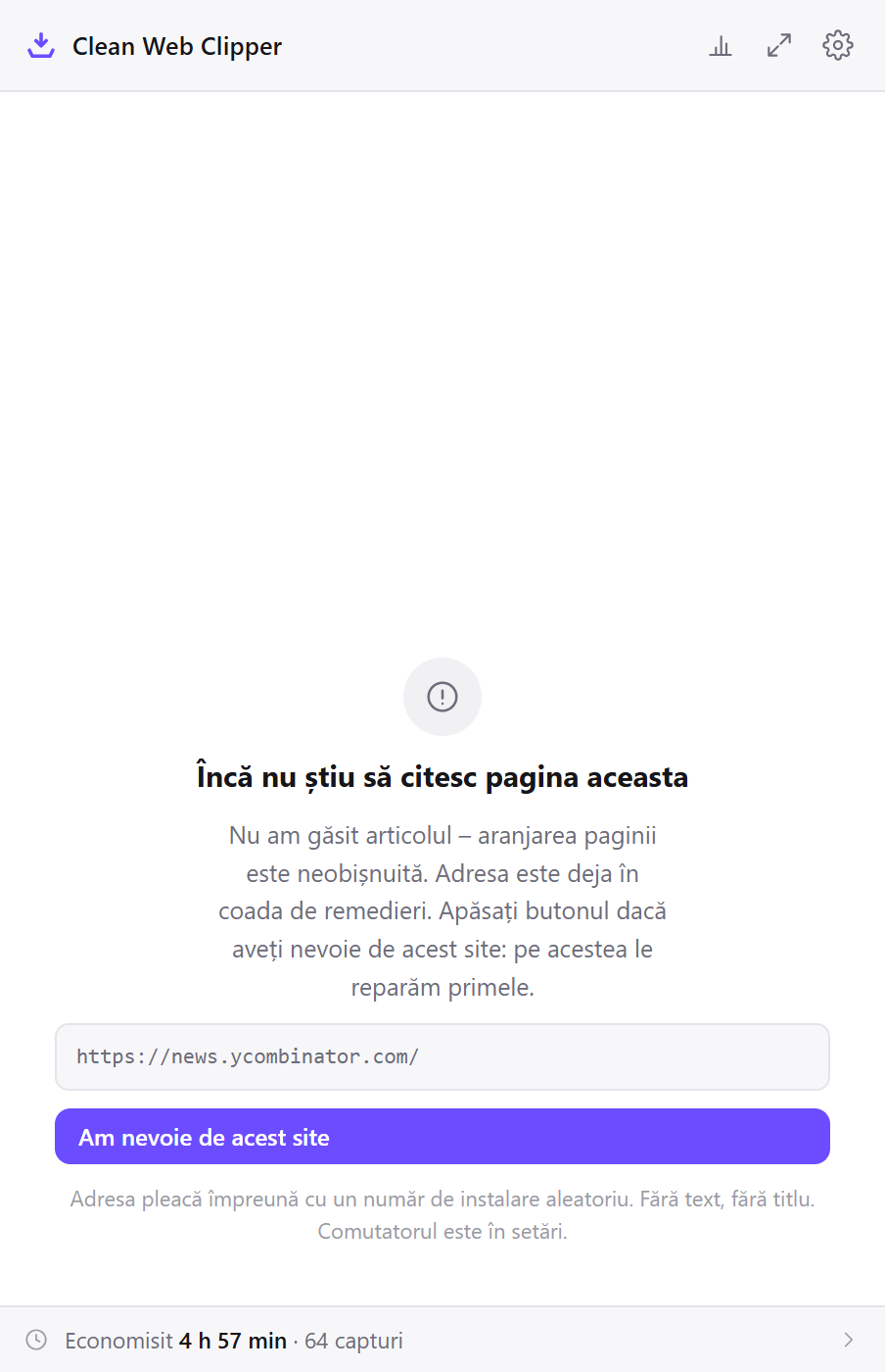 Clean Web Clipper refuză o pagină fără articol și se oferă să-i trimită adresa