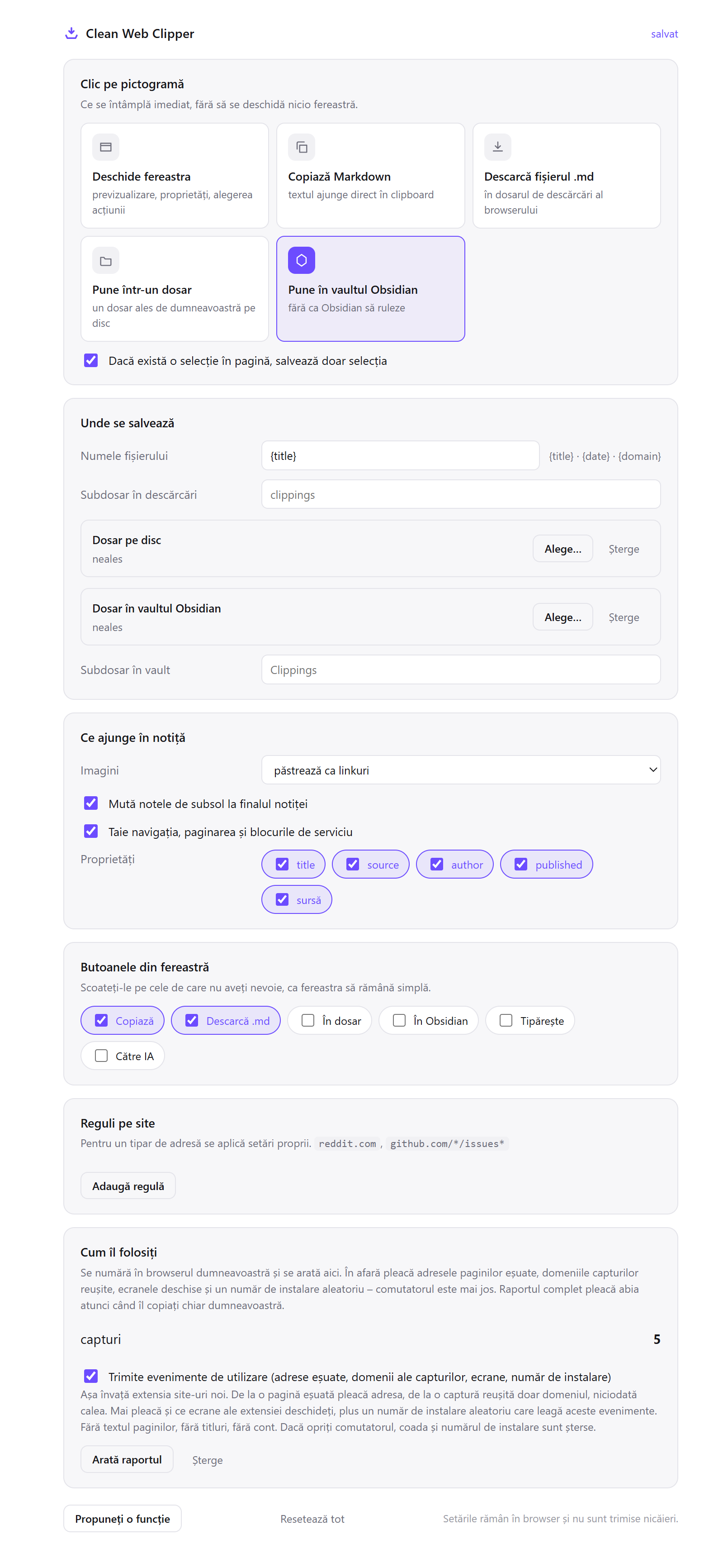 Setările Clean Web Clipper: alegerea a ceea ce face clicul pe pictogramă