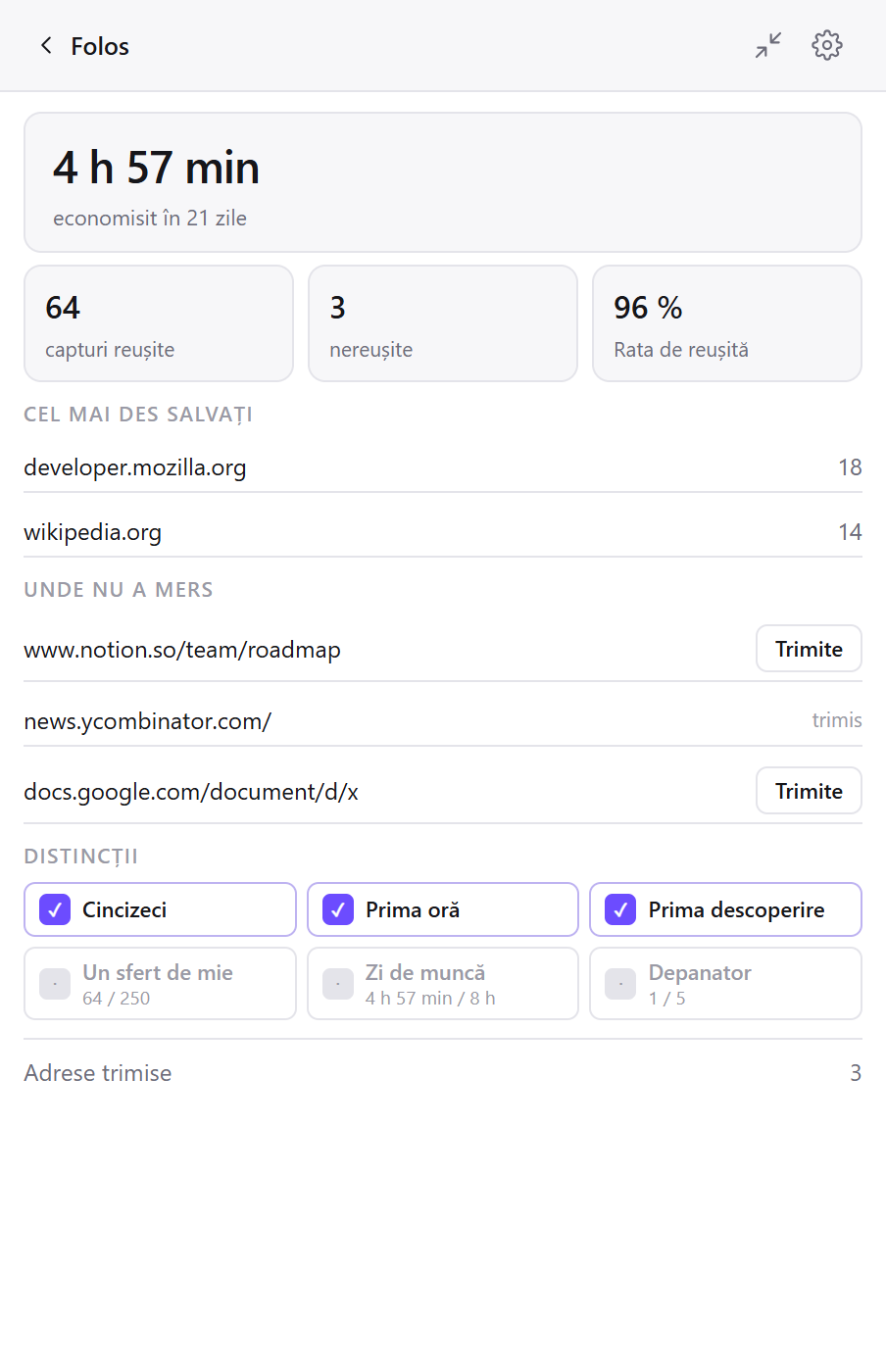 Ecranul Folos din Clean Web Clipper: preluări, timp economisit, site-uri preferate și pagini care au eșuat